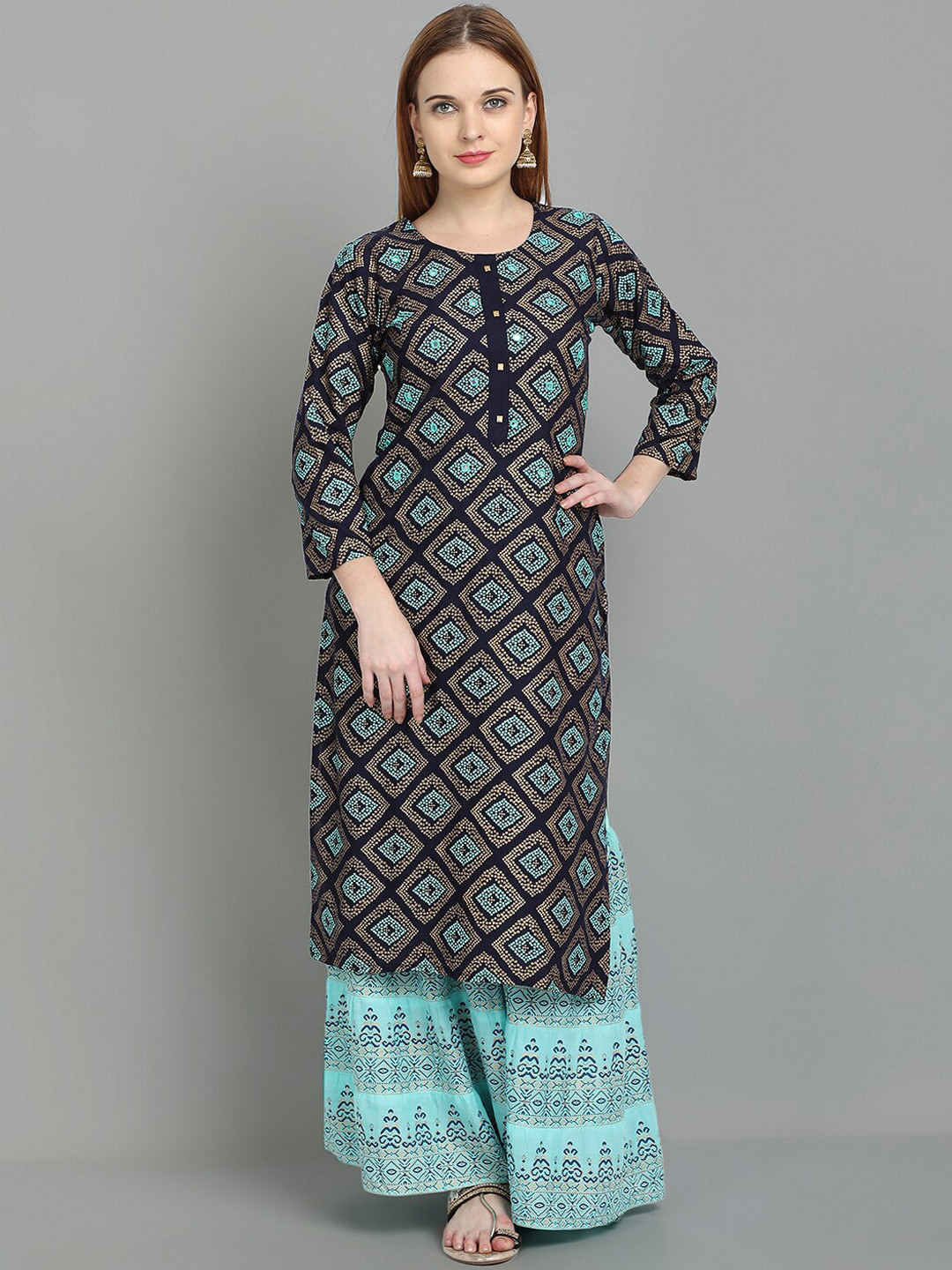 

Ziva Fashion Women Blue Ethnic Motifs Printed Empire Kurta with Sharara