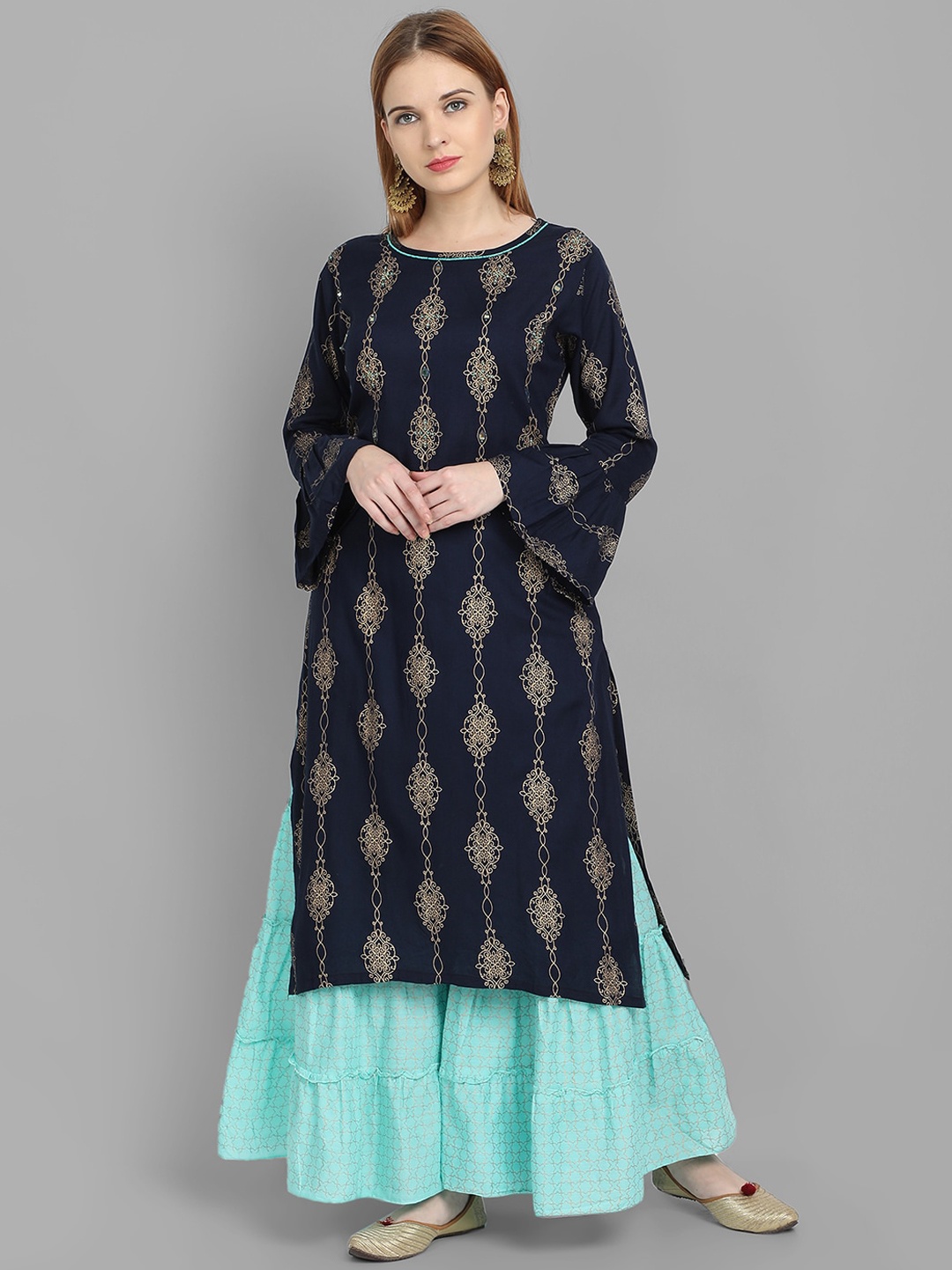 

Ziva Fashion Women Blue Ethnic Motifs Printed Kurti with Sharara
