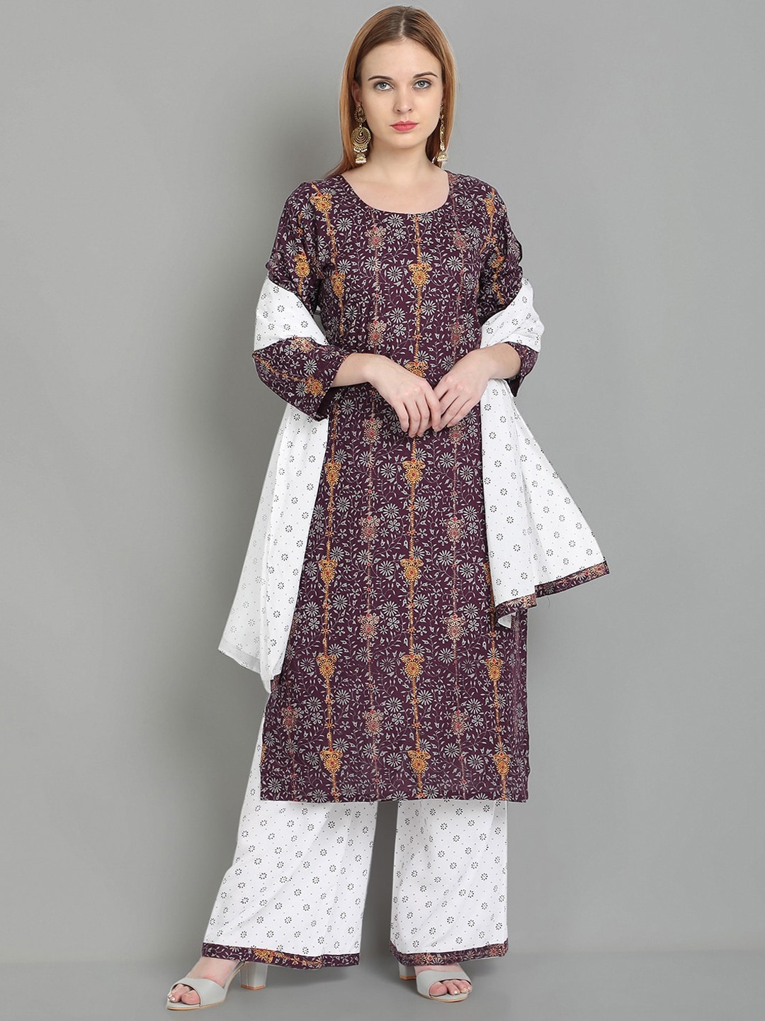 

Ziva Fashion Women Purple Ethnic Motifs Printed Kurta with Palazzos & With Dupatta