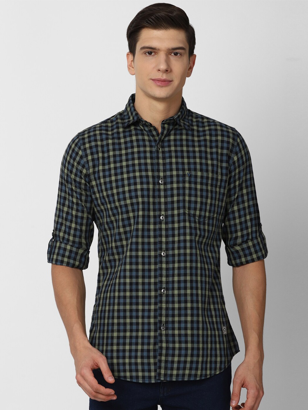 

VAN HEUSEN DENIM LABS Men Green Slim Fit Checked Casual Shirt
