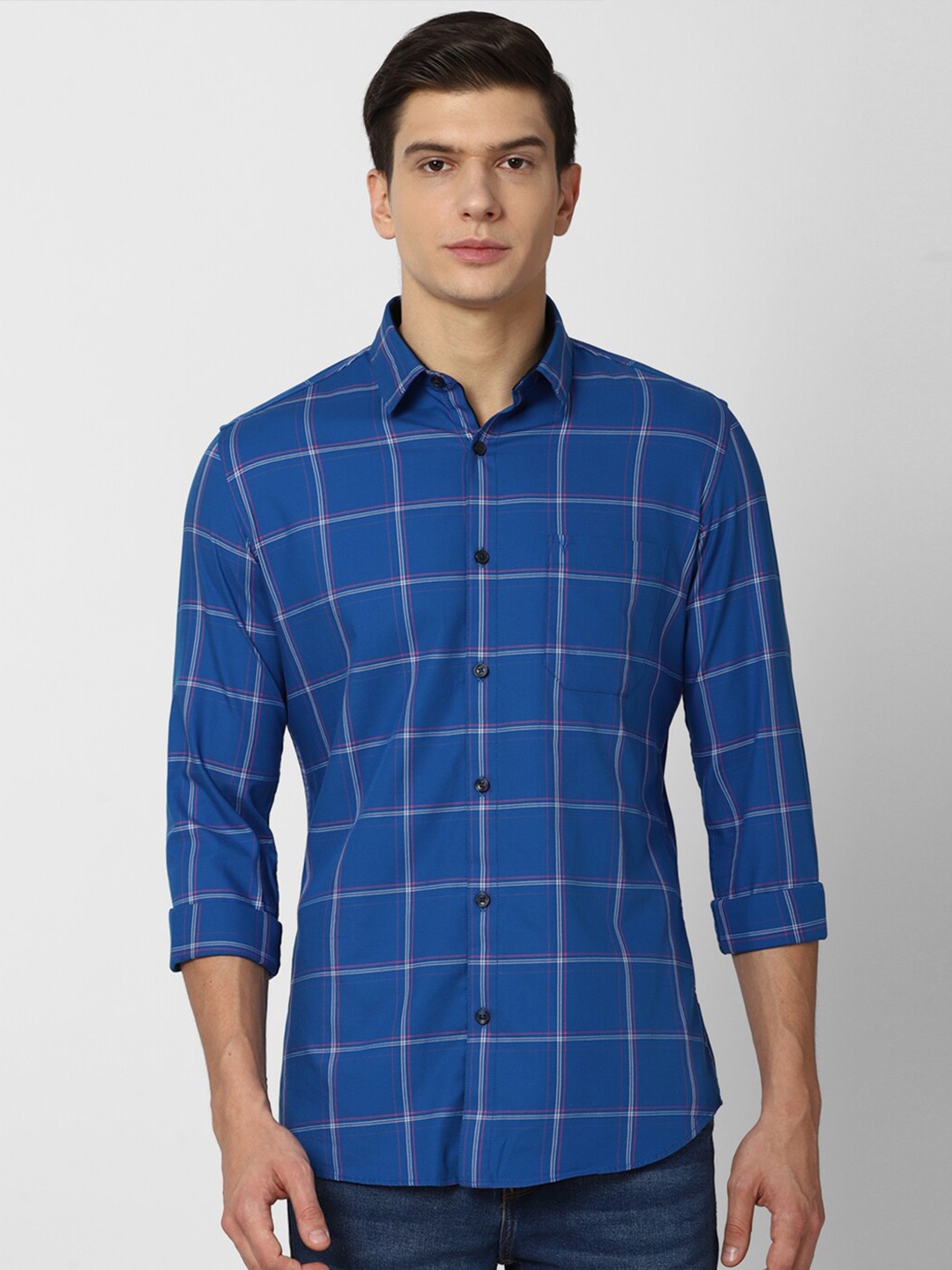 

Van Heusen Sport Men Blue Slim Fit Windowpane Checks Checked Casual Shirt