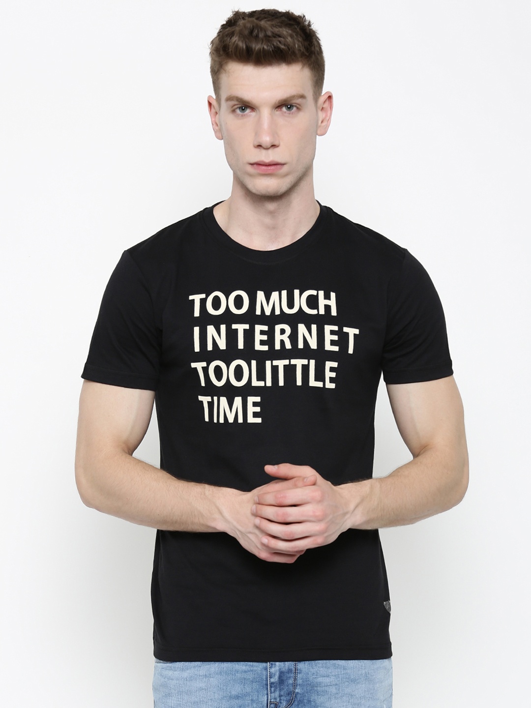 

John Players Men Black Printed Slim Fit Pure Cotton T-shirt