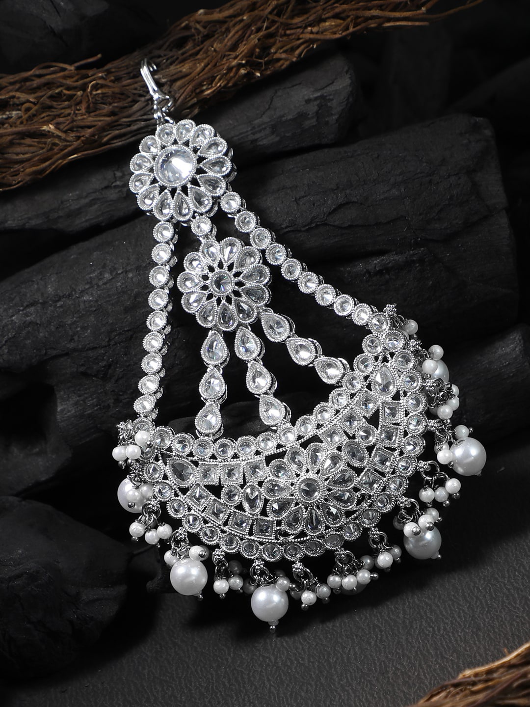 

Adwitiya Collection Rhodium-Plated Silver-Toned CZ-Studded Jhumar Passa