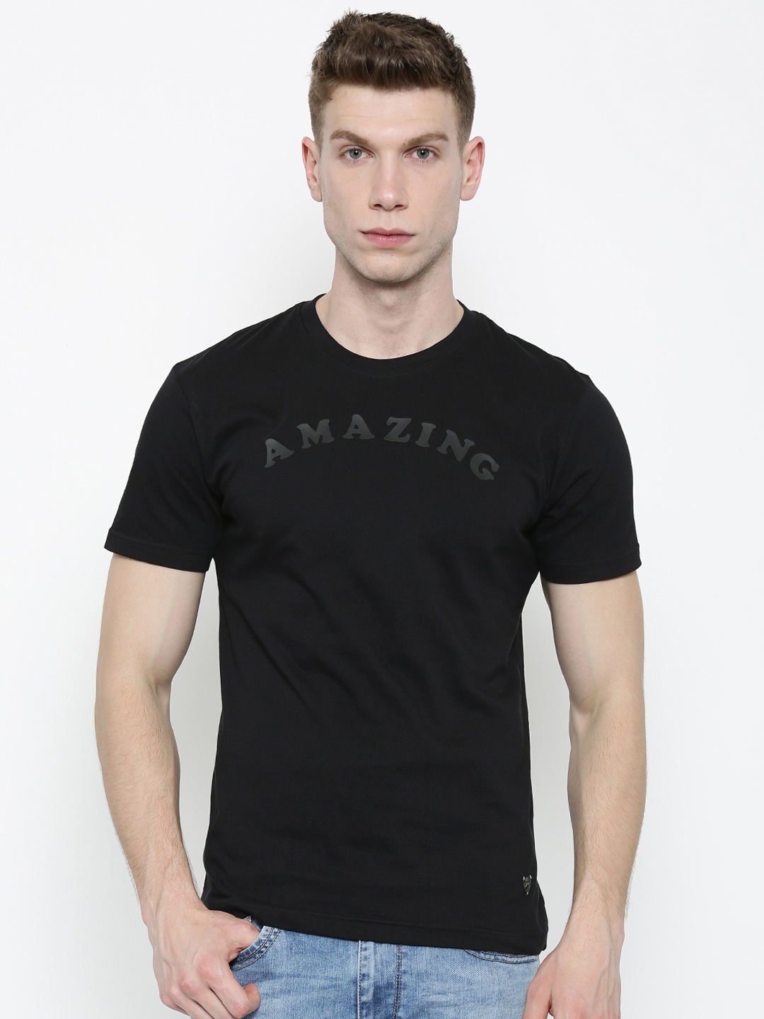 

John Players Men Black Printed Round Neck Slim Pure Cotton T-shirt