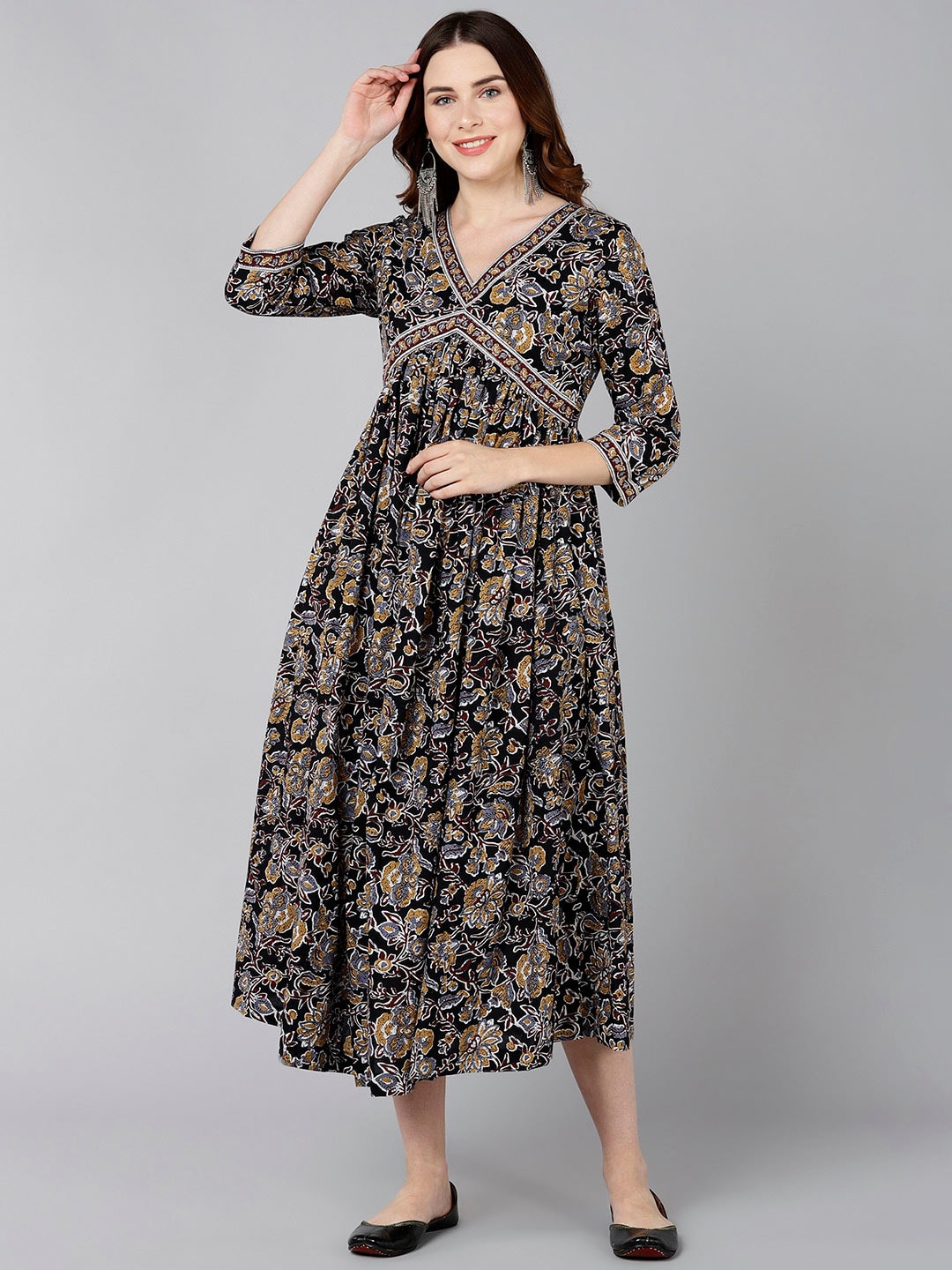 

ZNX Clothing Women Brown Floral Printed Midi Dress