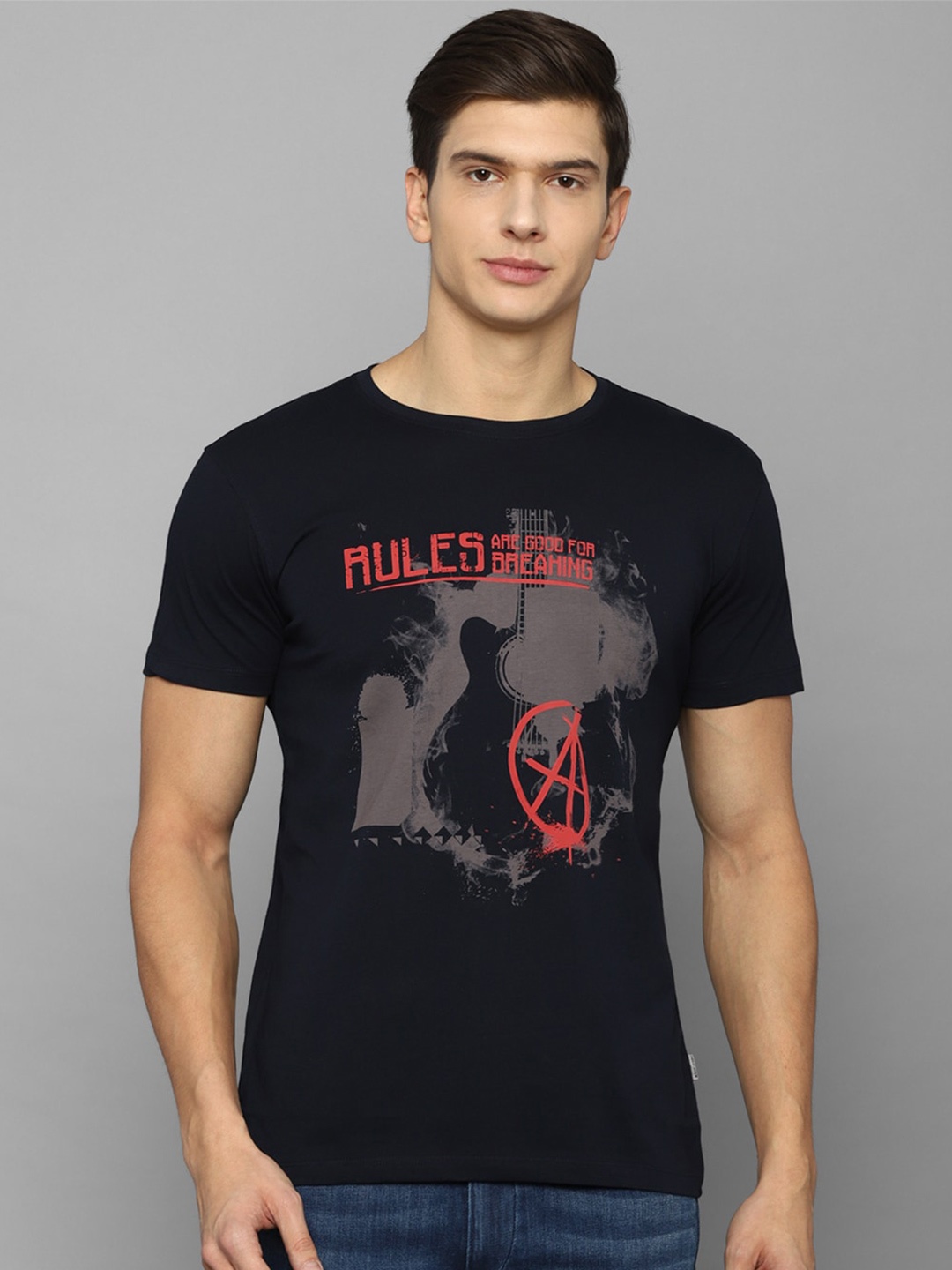 

Louis Philippe Jeans Men Black Printed Raw Edge Slim Fit T-shirt