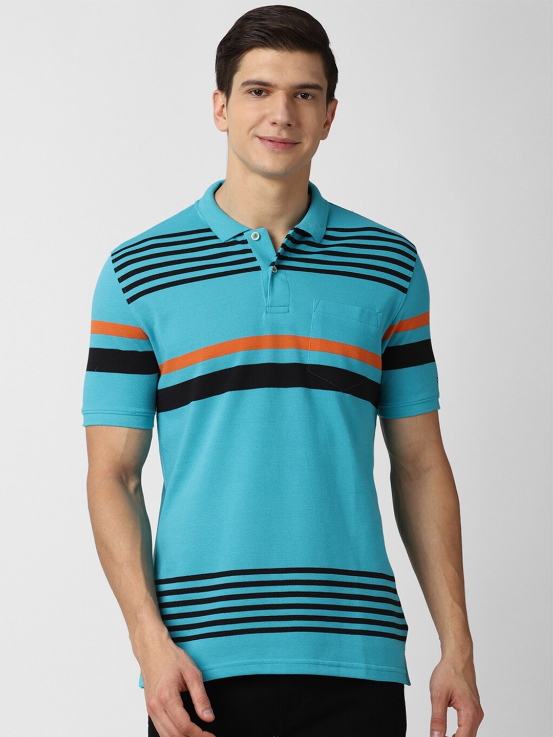 

Peter England Casuals Men Blue Striped Polo Collar T-shirt