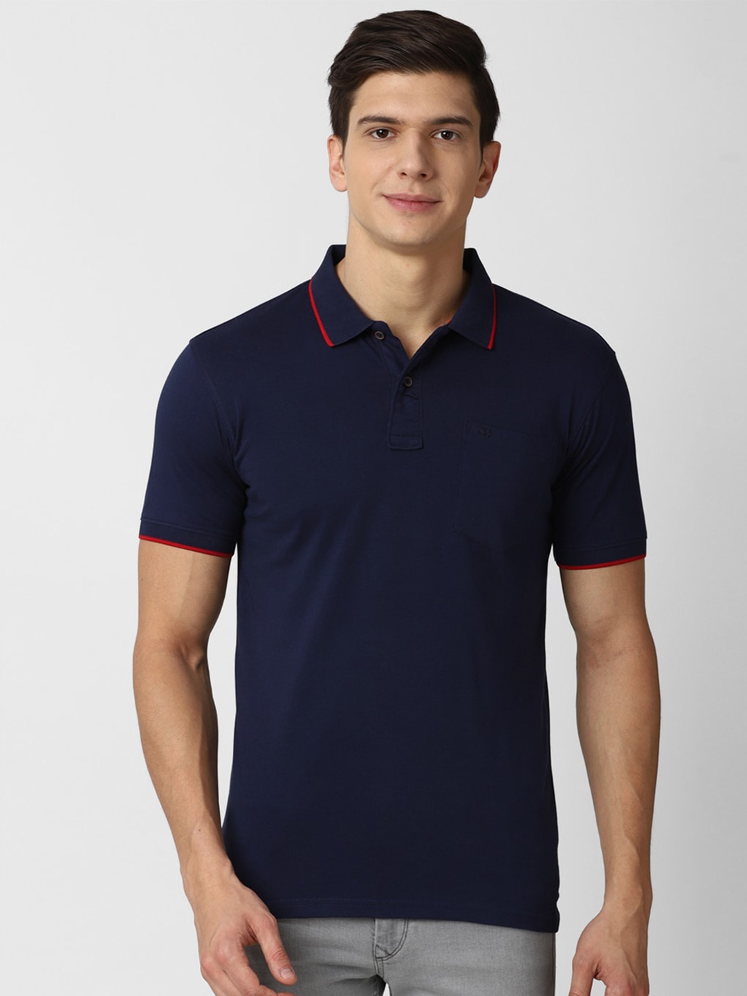 

Peter England Casuals Men Navy Blue Polo Collar Slim Fit Cotton T-shirt