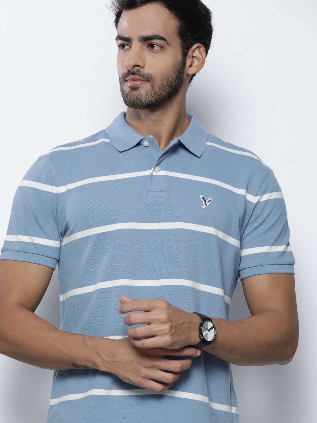 

AMERICAN EAGLE OUTFITTERS Men Blue & White Striped Polo Collar Standard Fit T-shirt