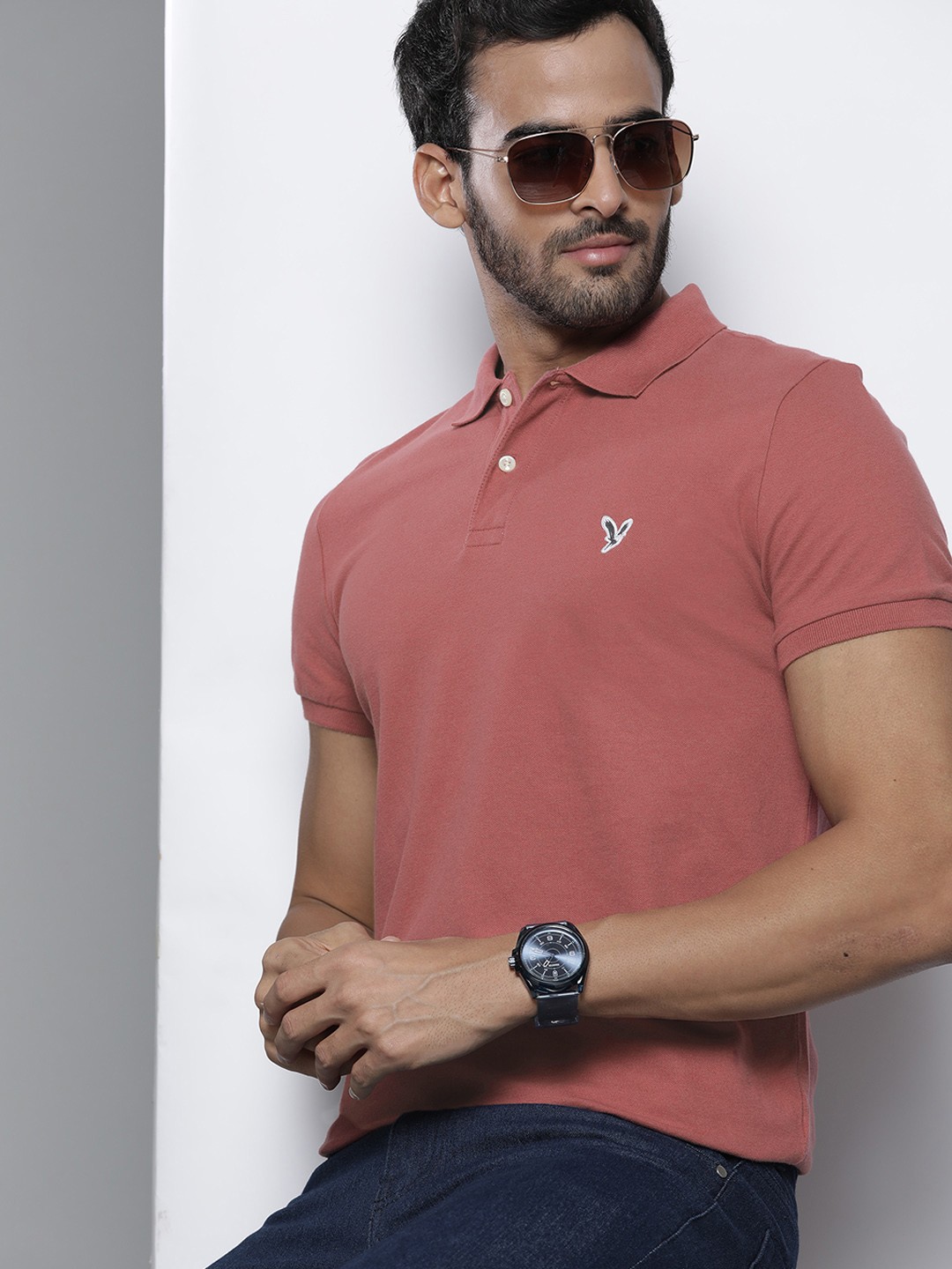 

AMERICAN EAGLE OUTFITTERS Men Rust Polo Collar Slim Fit T-shirt