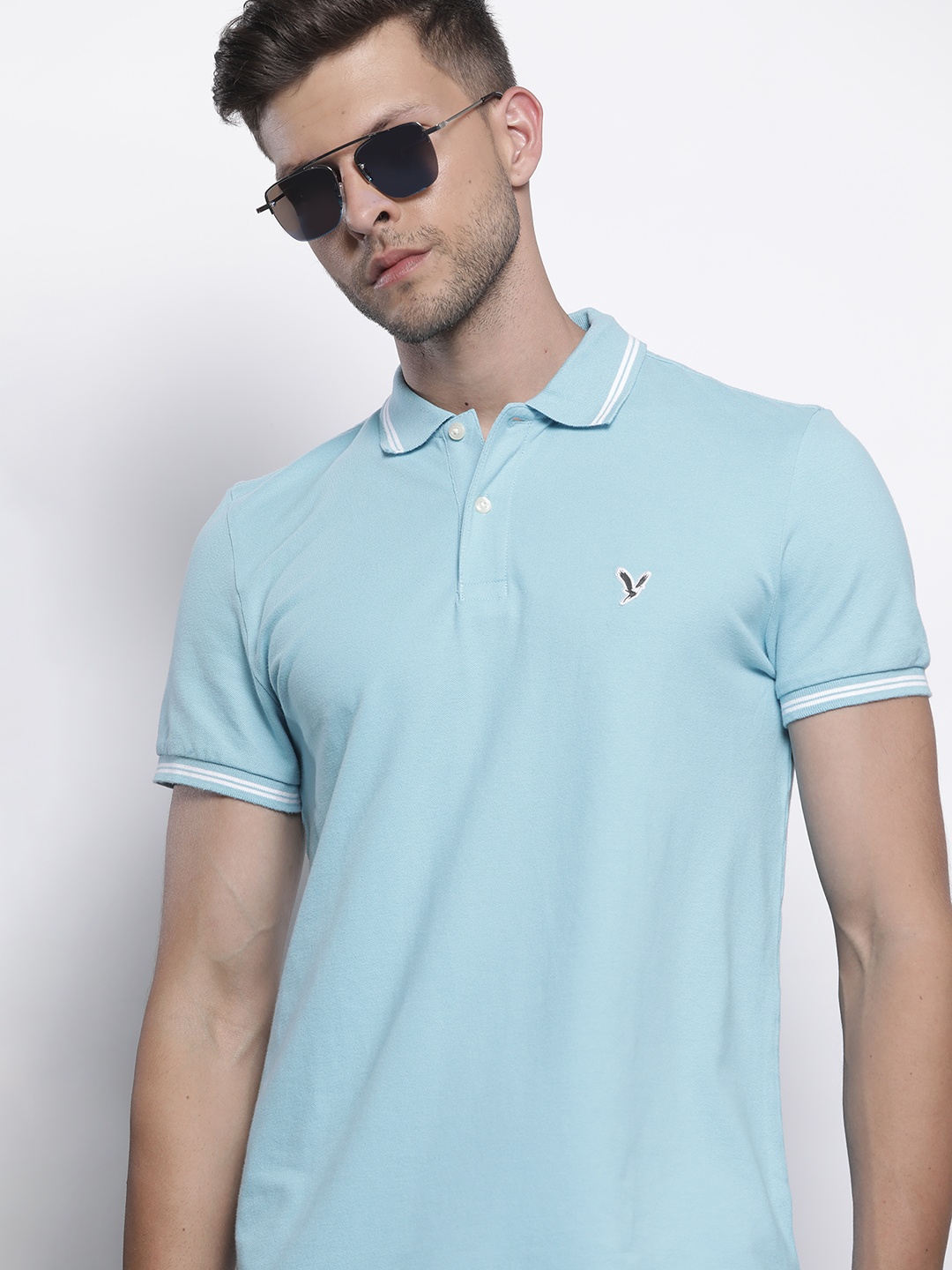 

AMERICAN EAGLE OUTFITTERS Men Blue Polo Collar Slim Fit T-shirt