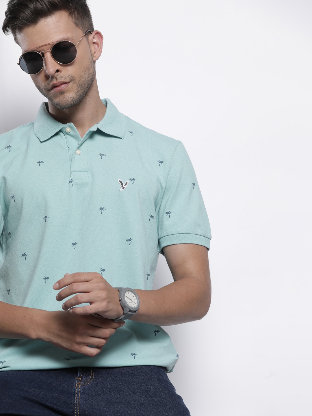

AMERICAN EAGLE OUTFITTERS Men Blue Printed Polo Collar Tropical T-shirt
