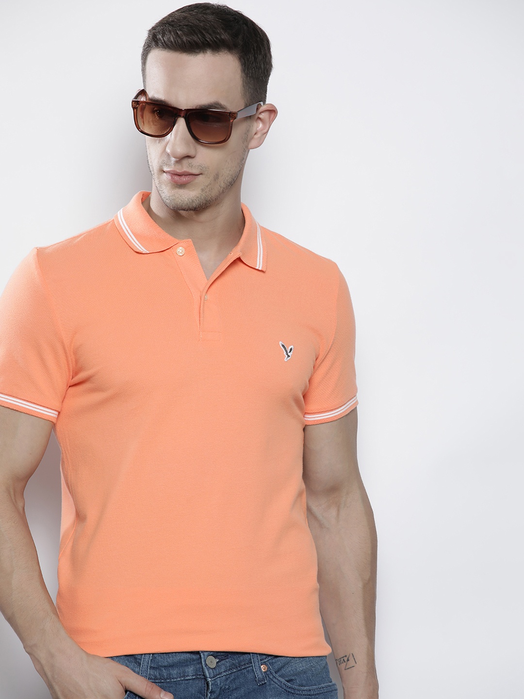 

AMERICAN EAGLE OUTFITTERS Men Peach-Coloured Polo Collar Slim Fit T-shirt