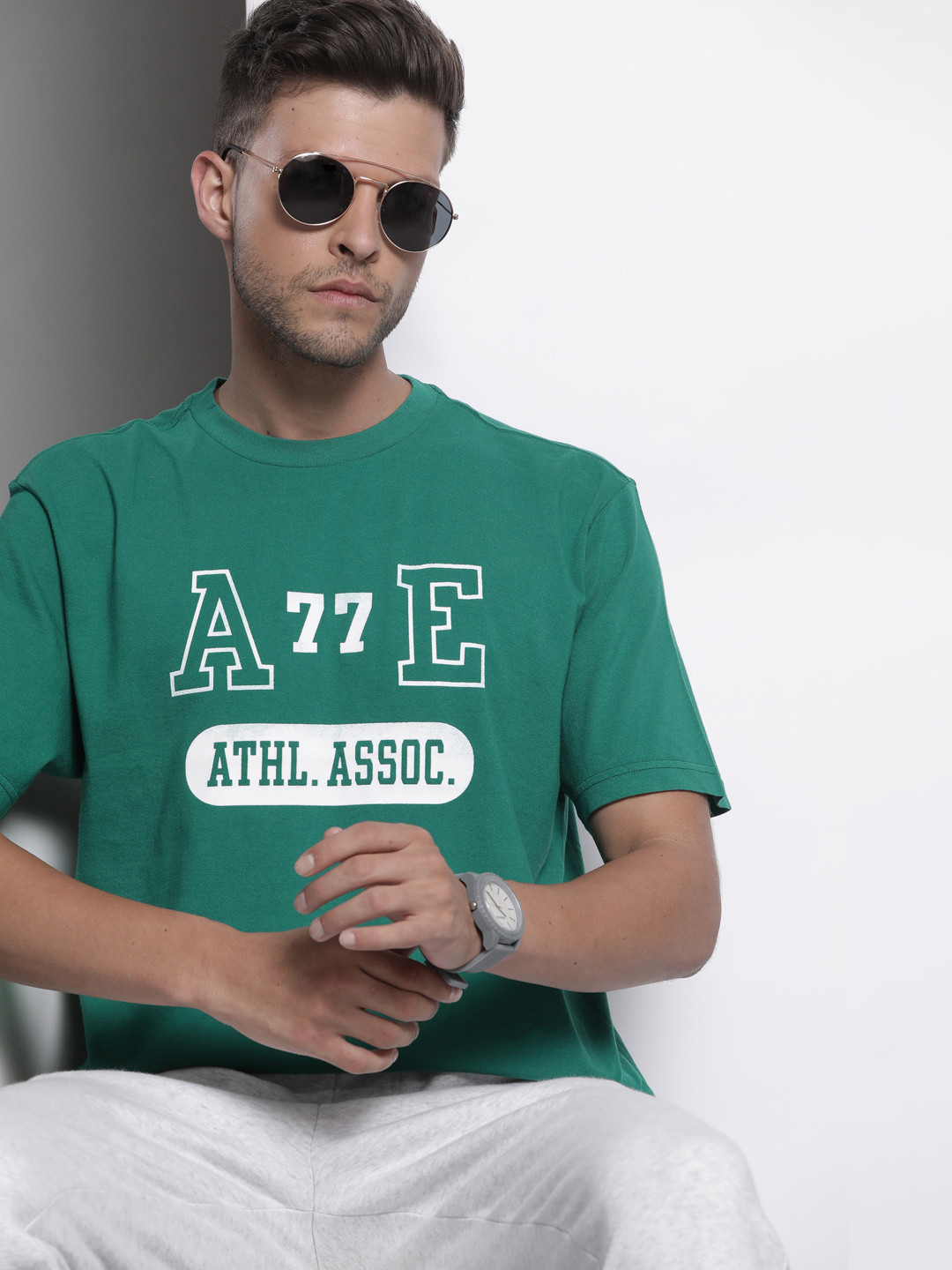

AMERICAN EAGLE OUTFITTERS Men Green & White Printed Pure Cotton T-shirt