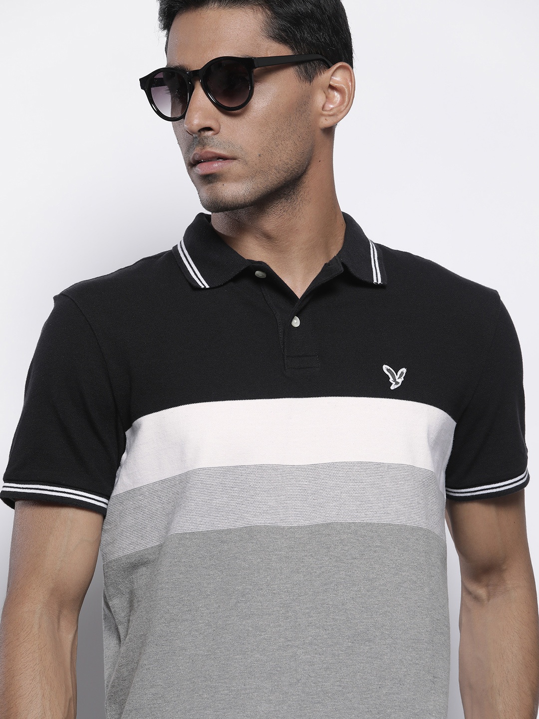 

AMERICAN EAGLE OUTFITTERS Men Black & Grey Melange Colourblocked Polo Collar T-shirt