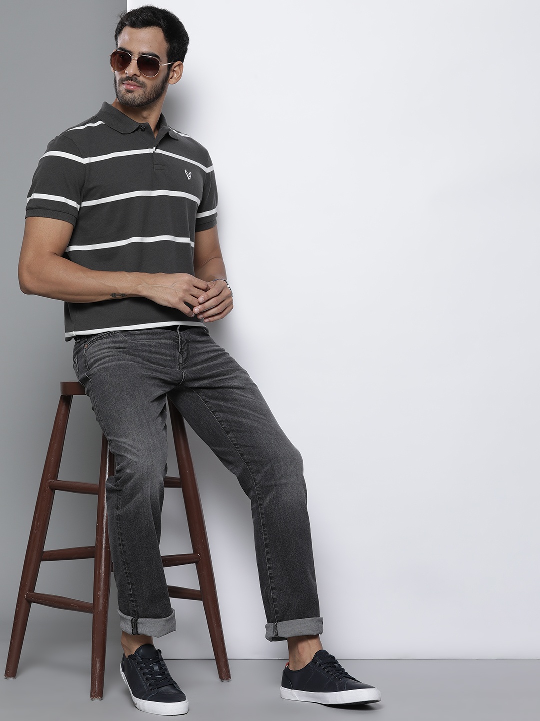 

AMERICAN EAGLE OUTFITTERS Men Charcoal Grey & White Striped Polo Collar T-shirt