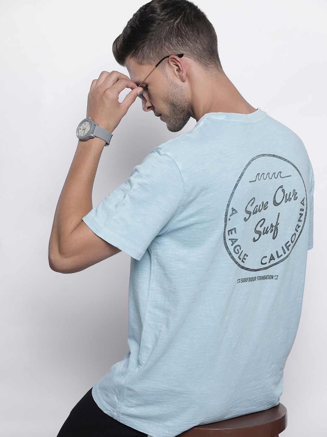 

AMERICAN EAGLE OUTFITTERS Men Blue & Charcoal Grey Typography Printed Pure Cotton T-shirt