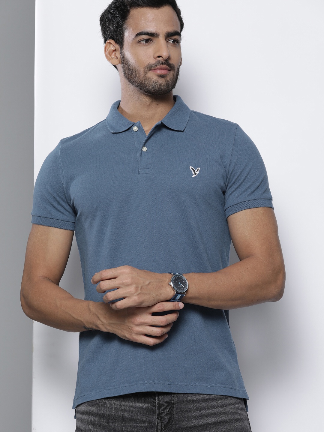 

AMERICAN EAGLE OUTFITTERS Men Blue Solid Polo Collar Slim Fit T-shirt
