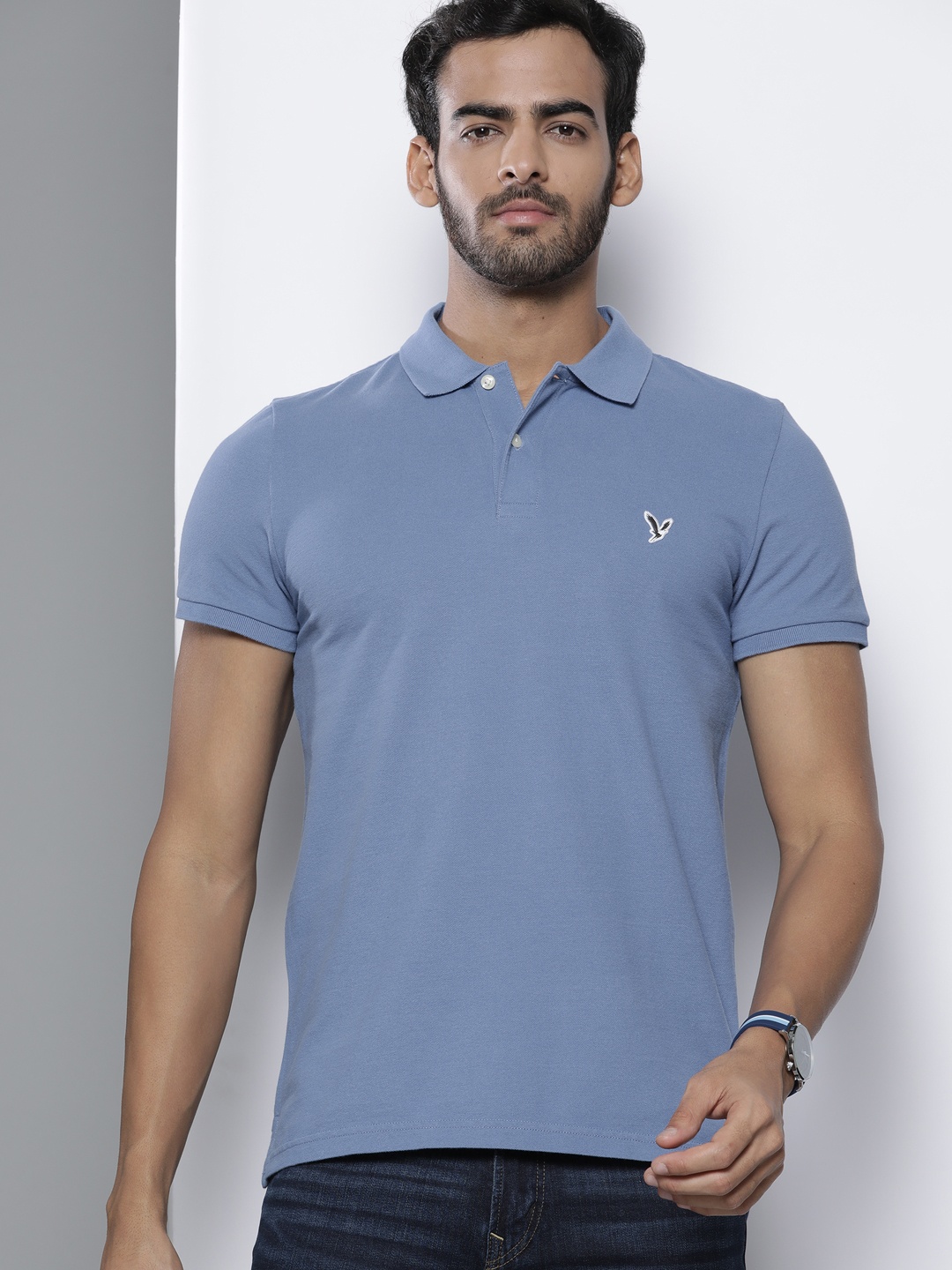 

AMERICAN EAGLE OUTFITTERS Men Blue Polo Collar Slim Fit T-shirt