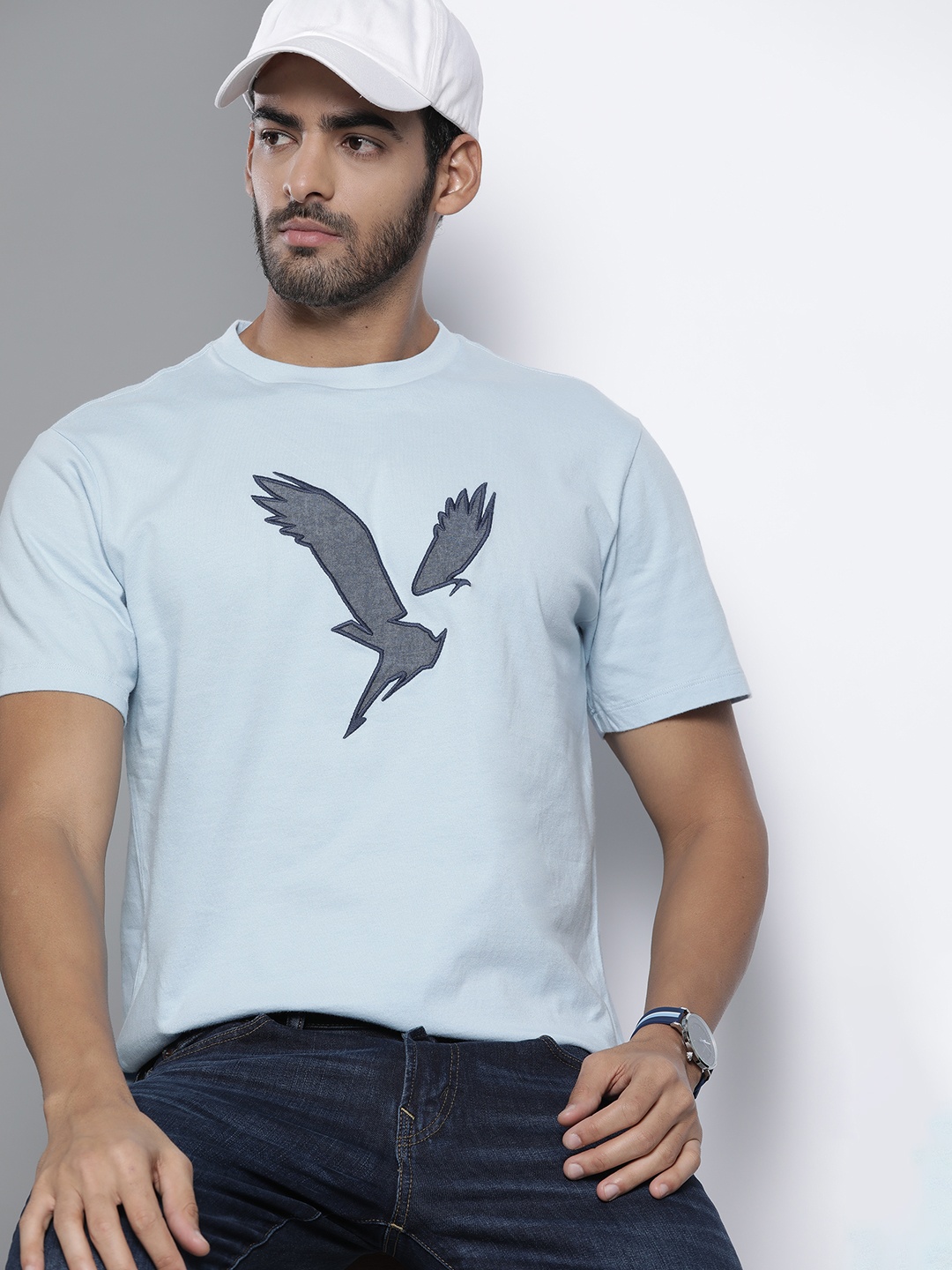

AMERICAN EAGLE OUTFITTERS Men Blue Brand Logo Printed Pure Cotton T-shirt