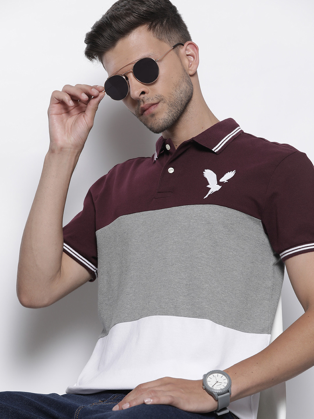 

AMERICAN EAGLE OUTFITTERS Men Maroon & Grey Colourblocked Polo Collar T-shirt