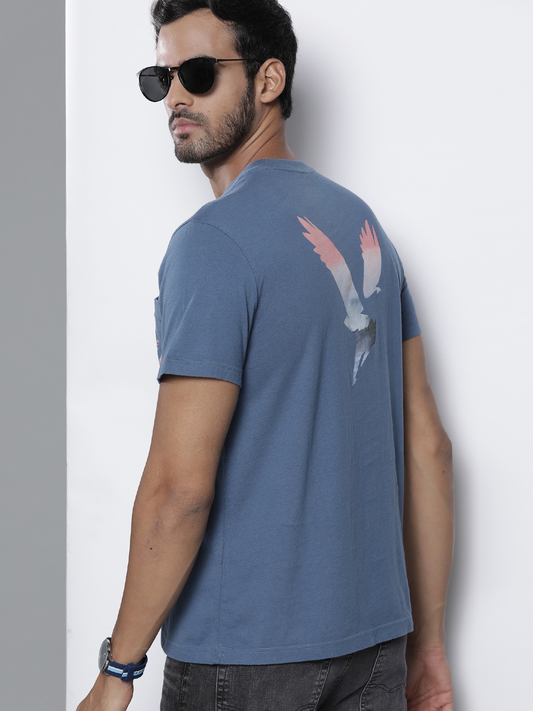 

AMERICAN EAGLE OUTFITTERS Men Blue Brand Logo Printed Pure Cotton T-shirt