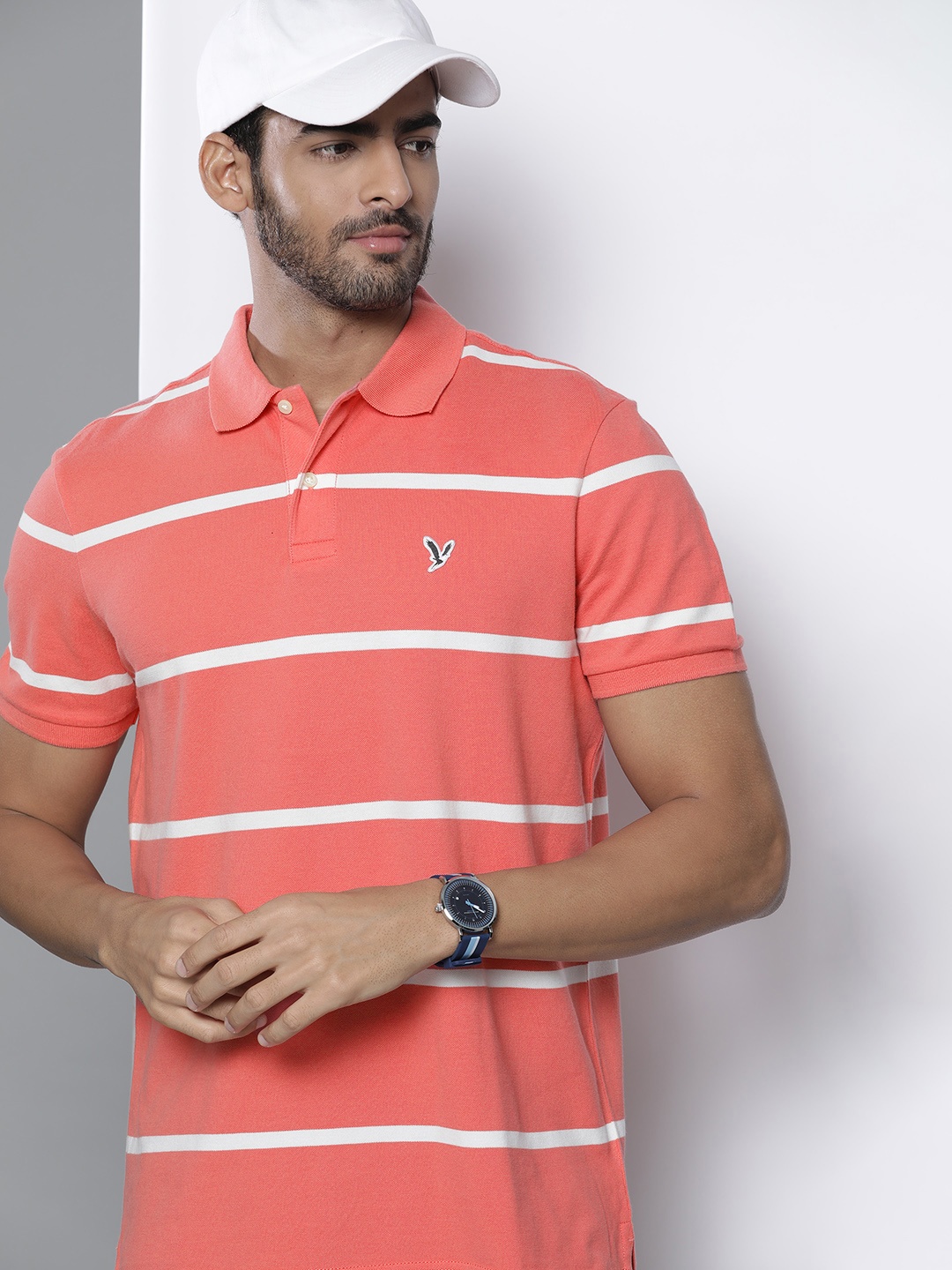 

AMERICAN EAGLE OUTFITTERS Men Coral Pink & White Striped Polo Collar T-shirt