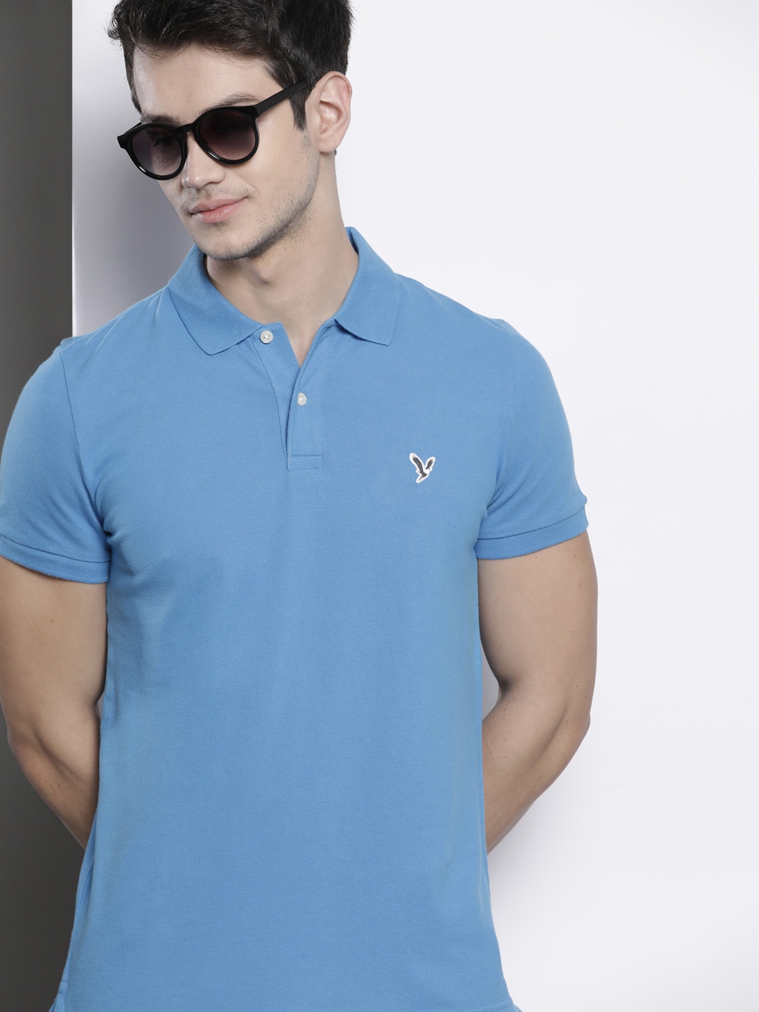 

AMERICAN EAGLE OUTFITTERS Men Blue Polo Collar Slim Fit T-shirt