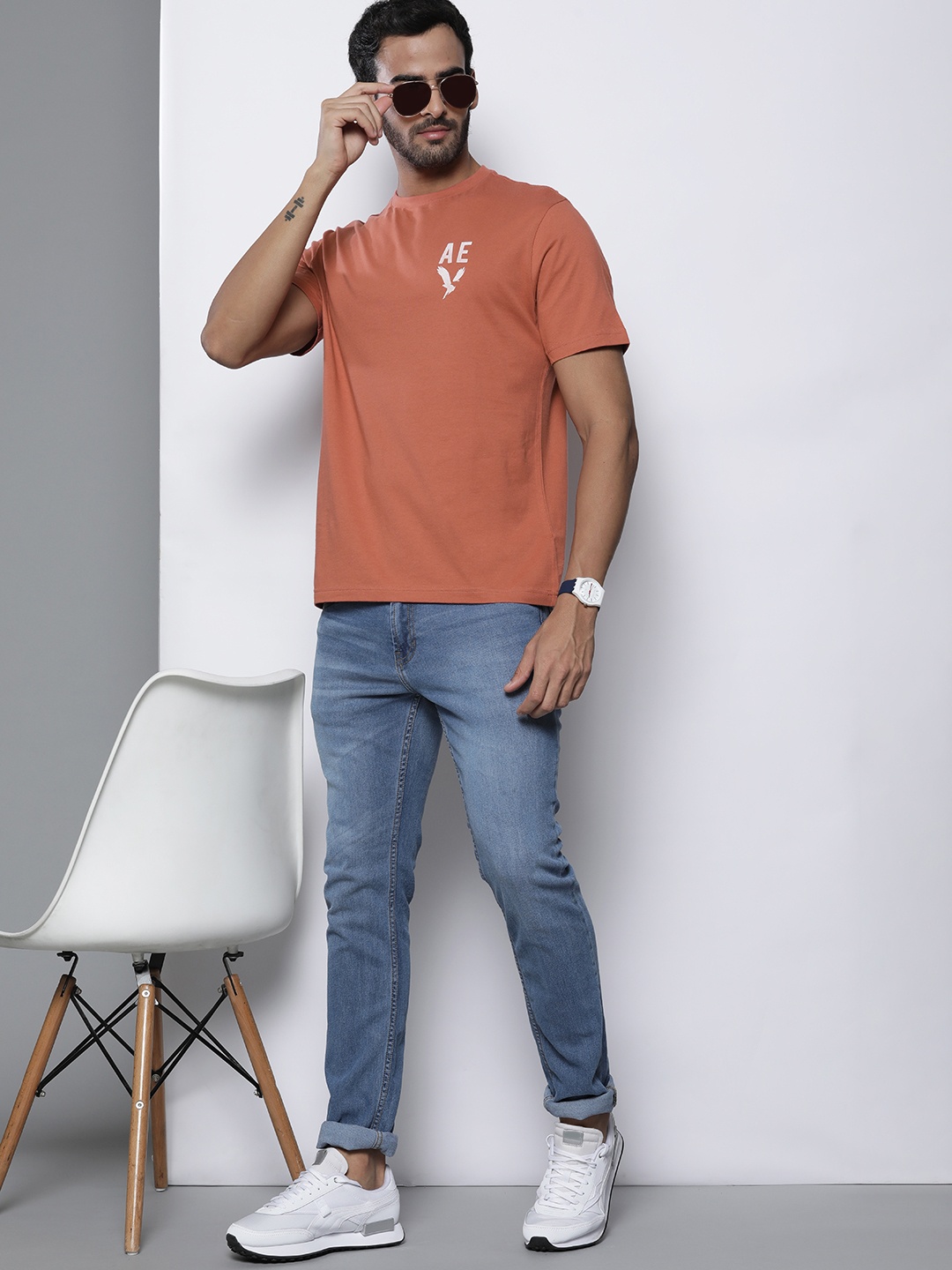 

AMERICAN EAGLE OUTFITTERS Men Rust Brand Logo Printed Pure Cotton Standard Fit T-shirt