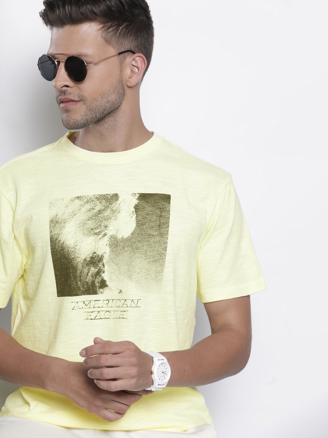 

AMERICAN EAGLE OUTFITTERS Men Yellow Printed Pure Cotton T-shirt