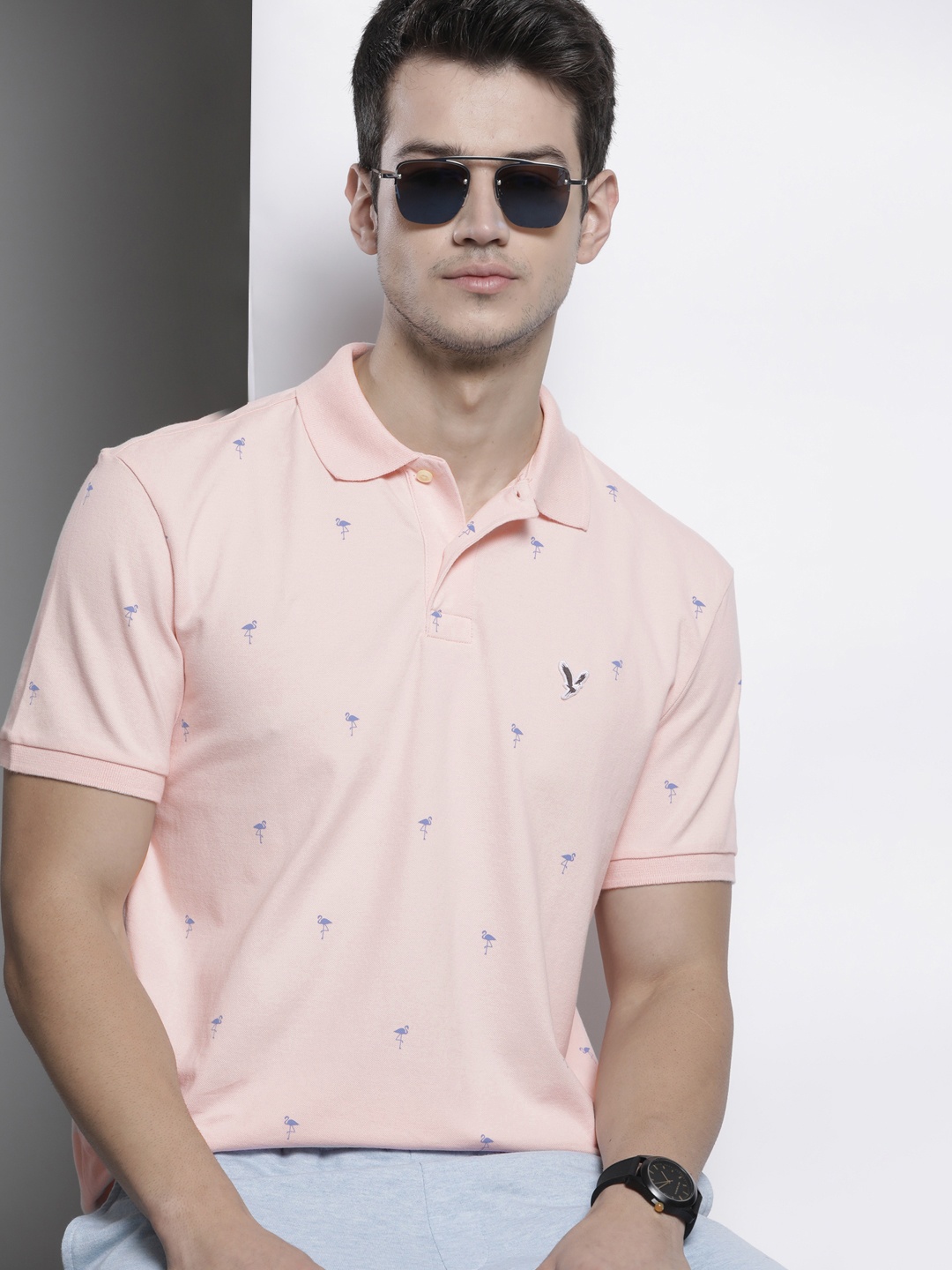 

AMERICAN EAGLE OUTFITTERS Men Pink Printed Polo Collar T-shirt