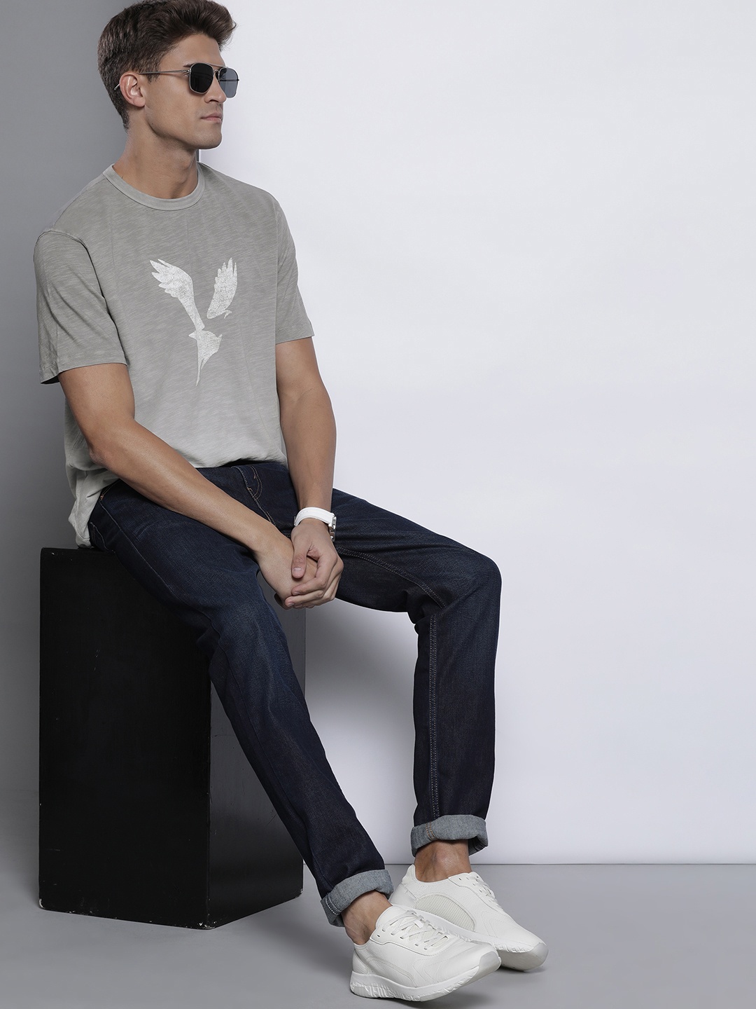 

AMERICAN EAGLE OUTFITTERS Men Grey Melange Printed Pure Cotton T-shirt