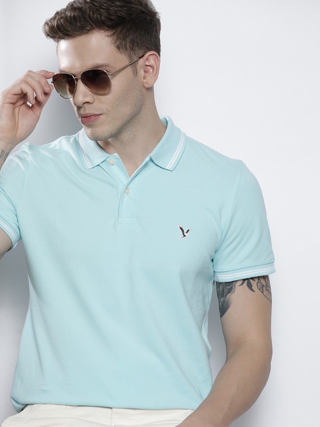 

AMERICAN EAGLE OUTFITTERS Men Blue Polo Collar Slim Fit T-shirt