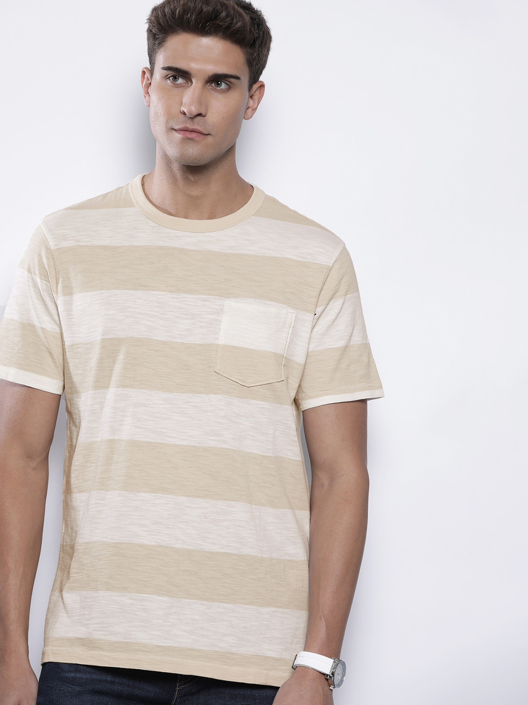 

AMERICAN EAGLE OUTFITTERS Men Beige & Off White Striped Pure Cotton T-shirt