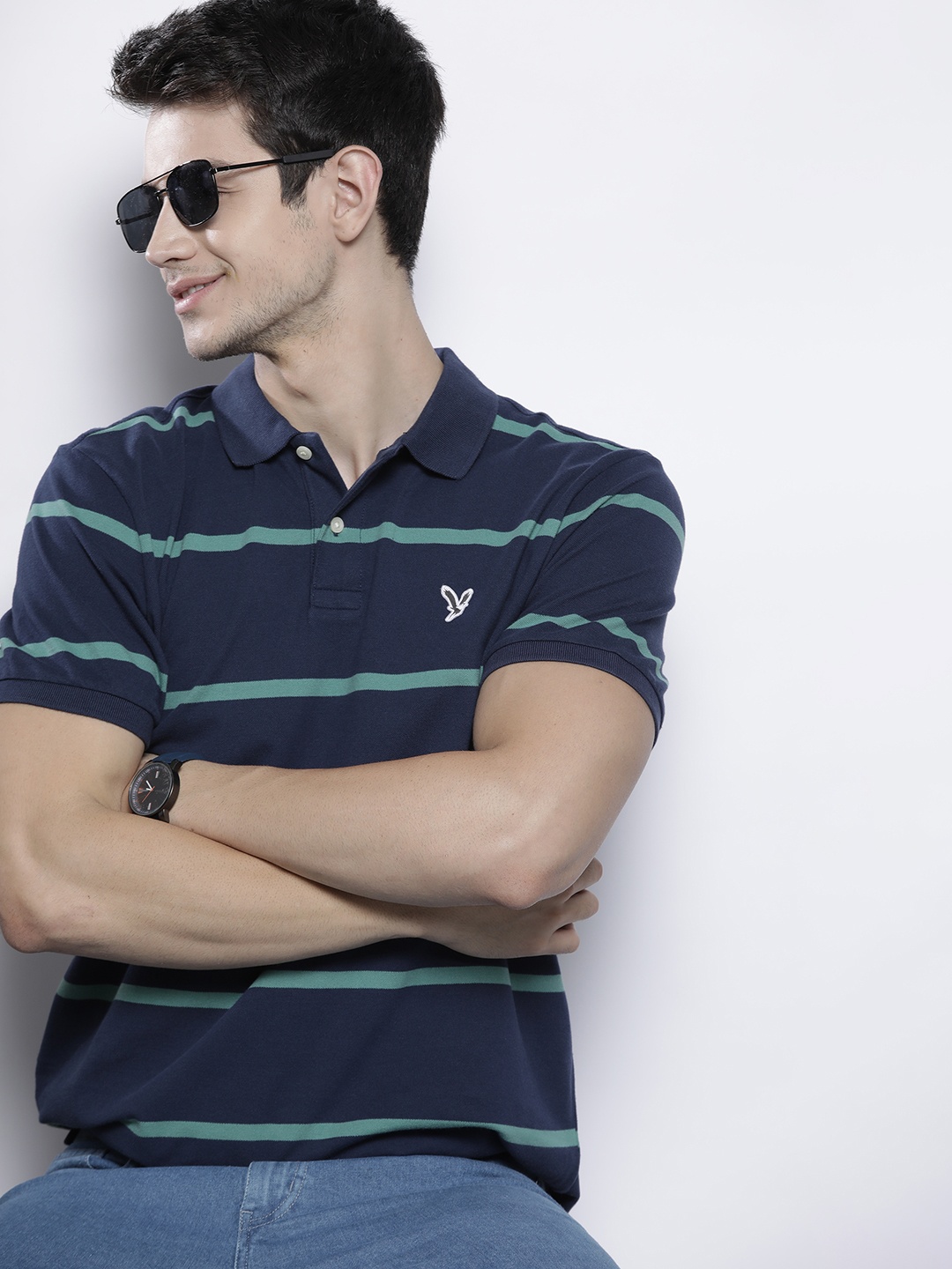 

AMERICAN EAGLE OUTFITTERS Men Blue Striped Polo Collar T-shirt