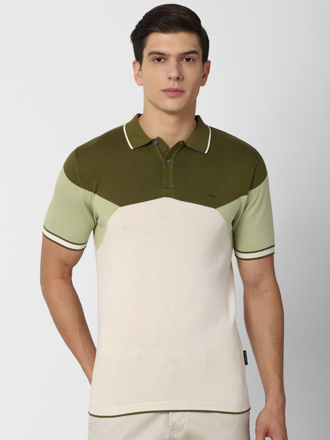 

Van Heusen Men Cream-Coloured & Green Colourblocked Polo Collar T-shirt
