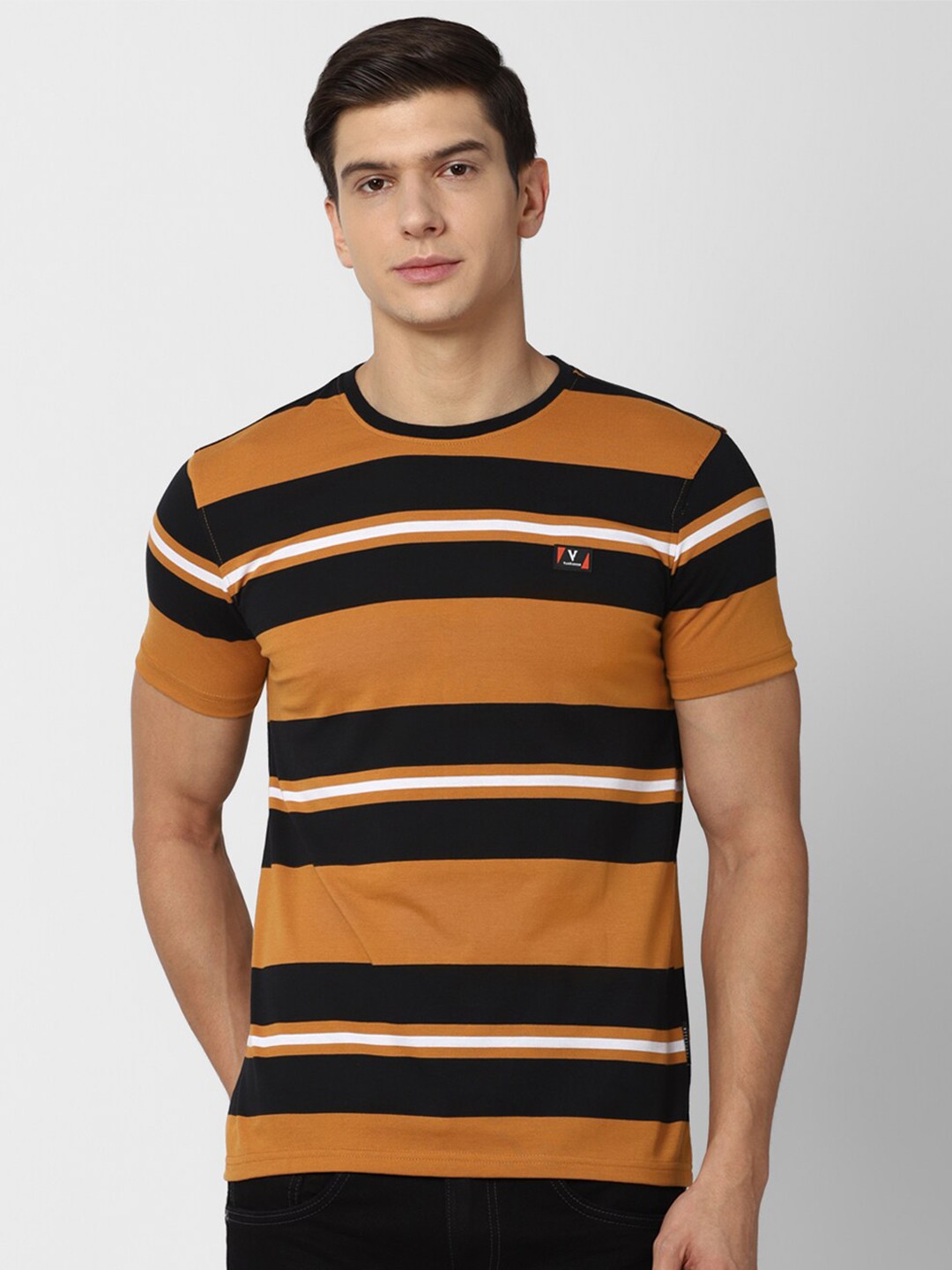 

Van Heusen Sport Men Orange & Black Striped Pure Cotton T-shirt