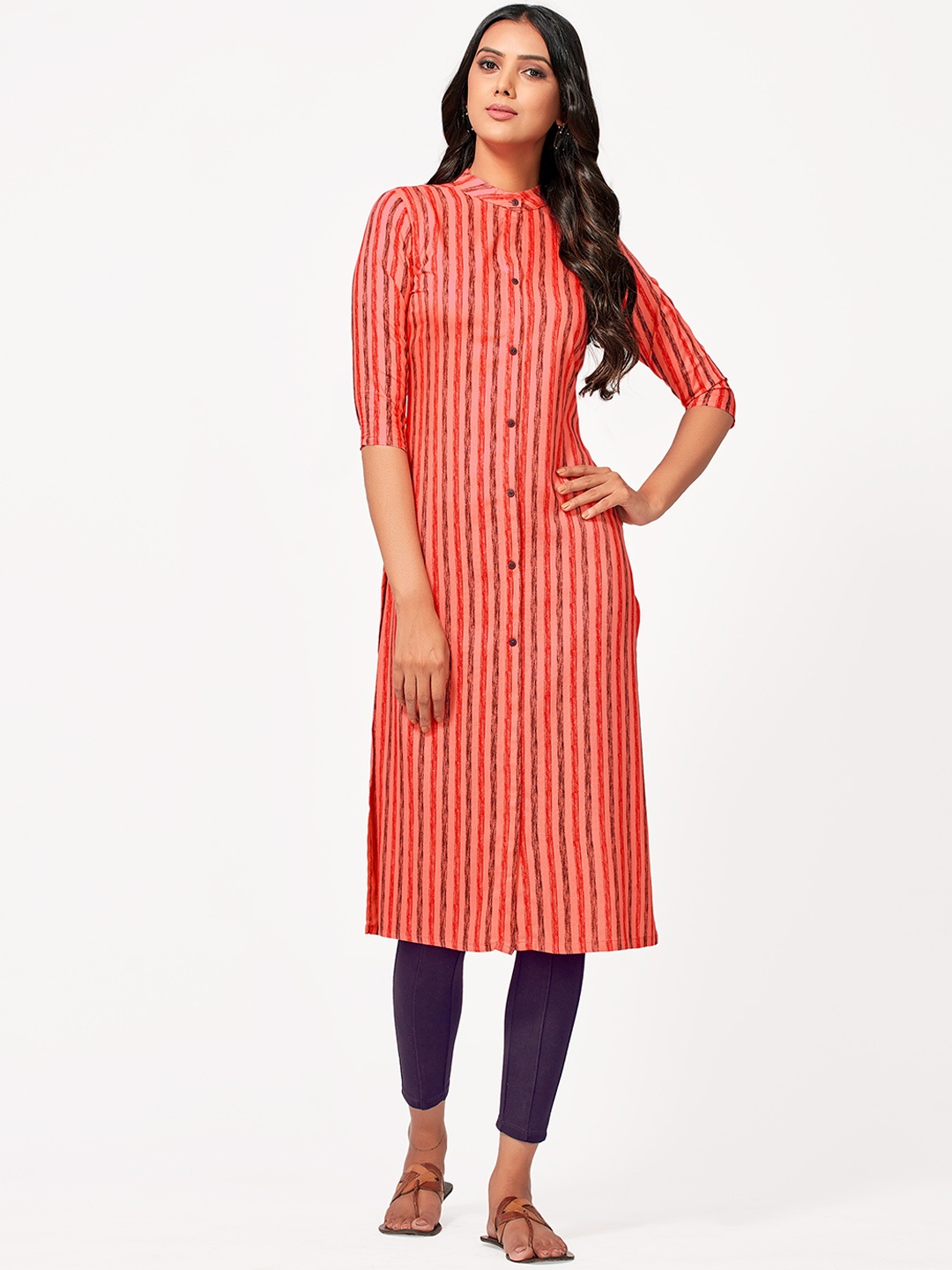

MIMOSA Women Coral Striped Straight Kurta