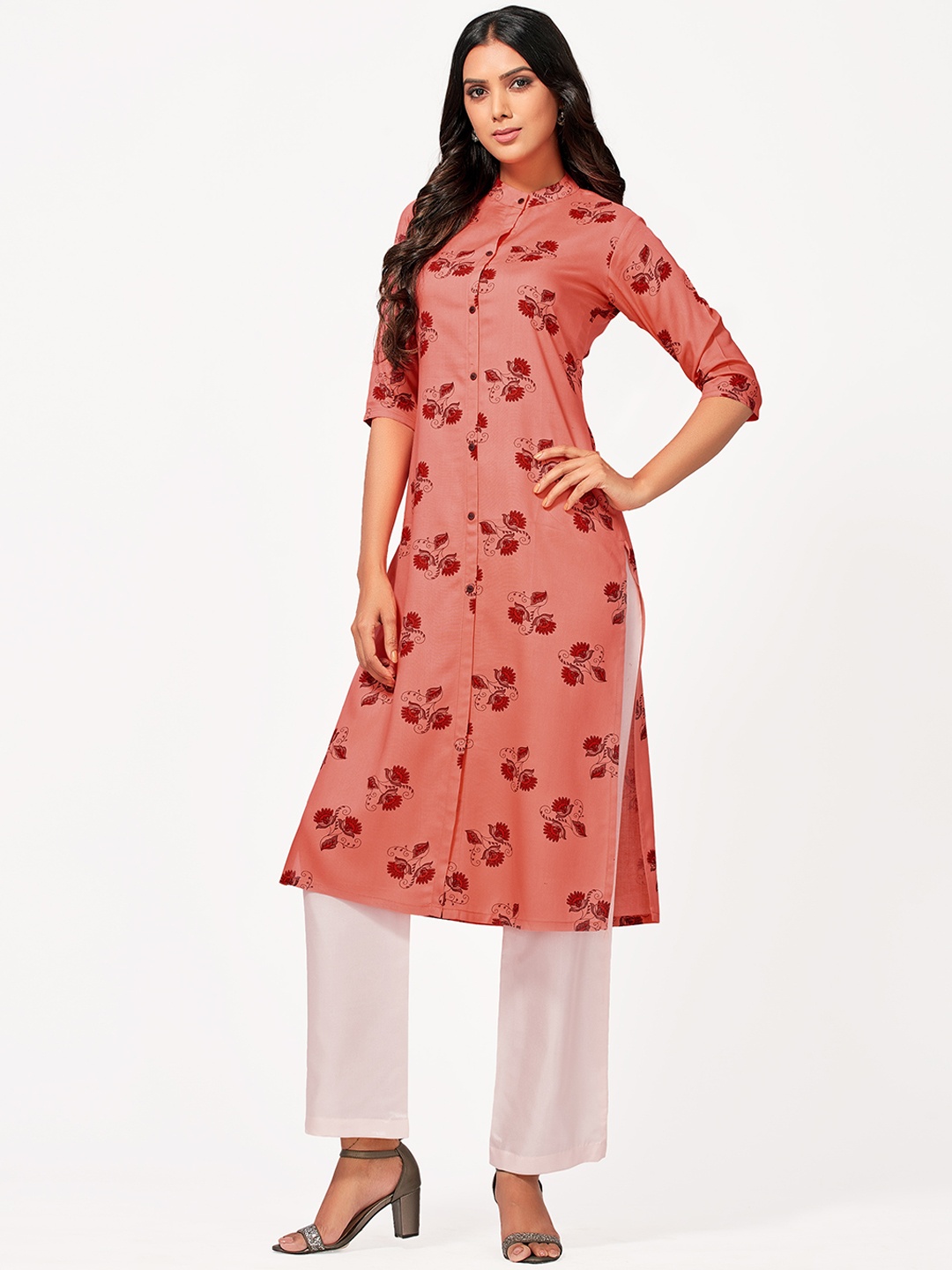 MIMOSA Women Orange Floral Printed Straight Kurta