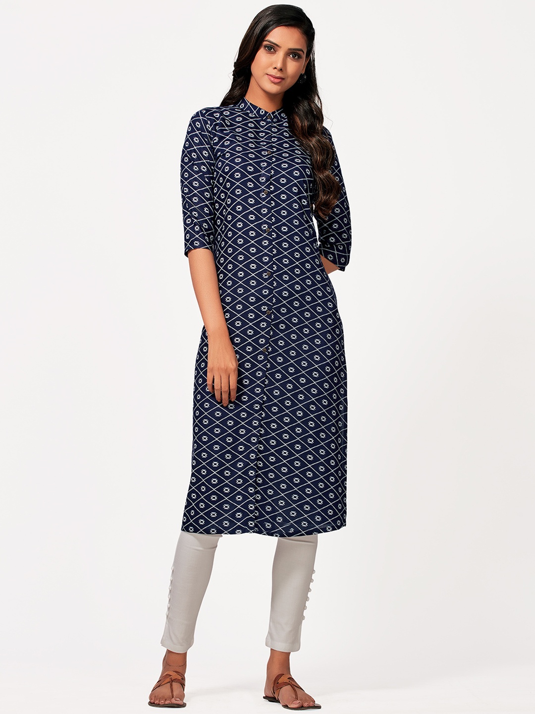 

MIMOSA Women Navy Blue & White Geometric Printed Kurta