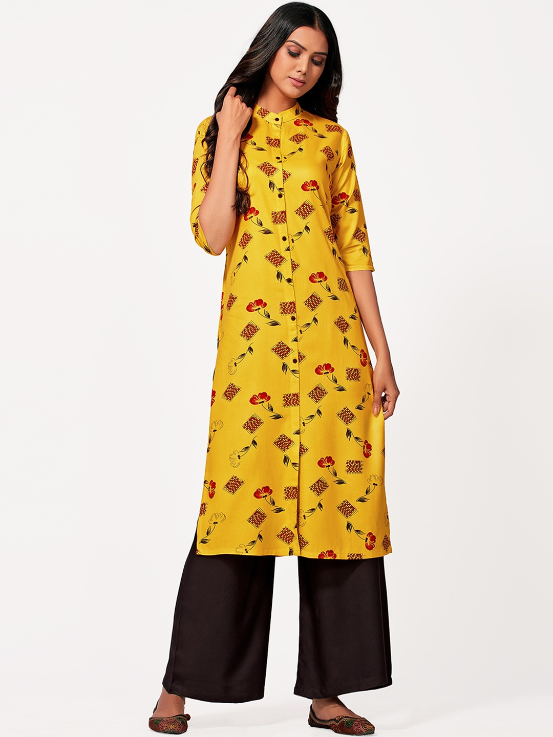 

MIMOSA Women Yellow & Red Floral Printed Kurta