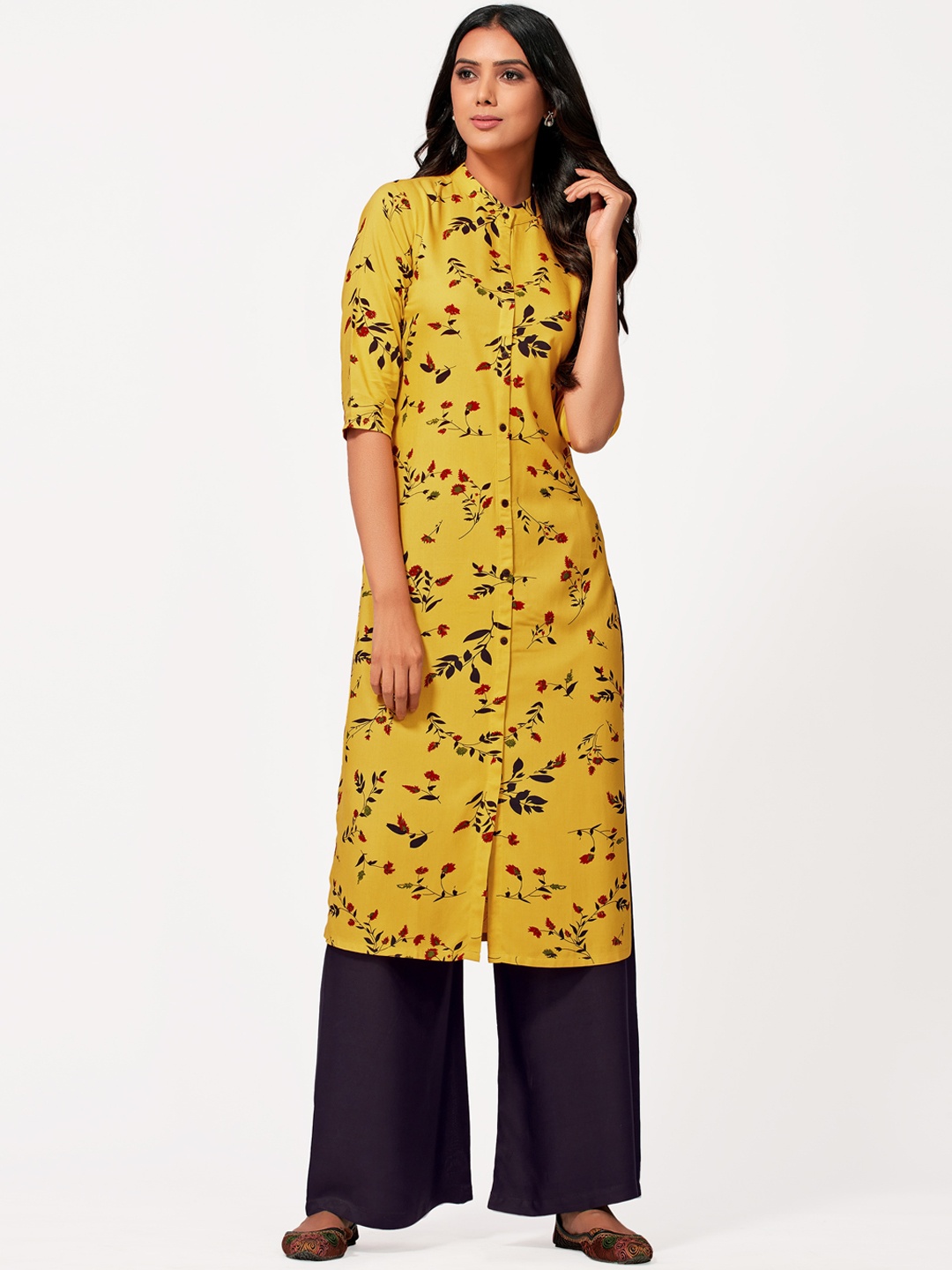 

MIMOSA Women Yellow Floral Printed Thread Work Kurta