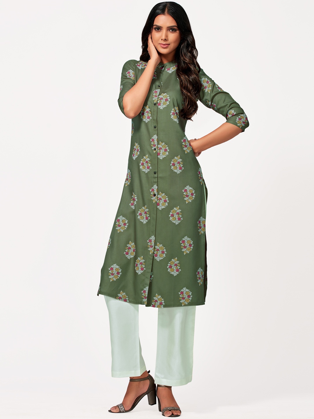 

MIMOSA Women Green & White Floral Printed Kurta