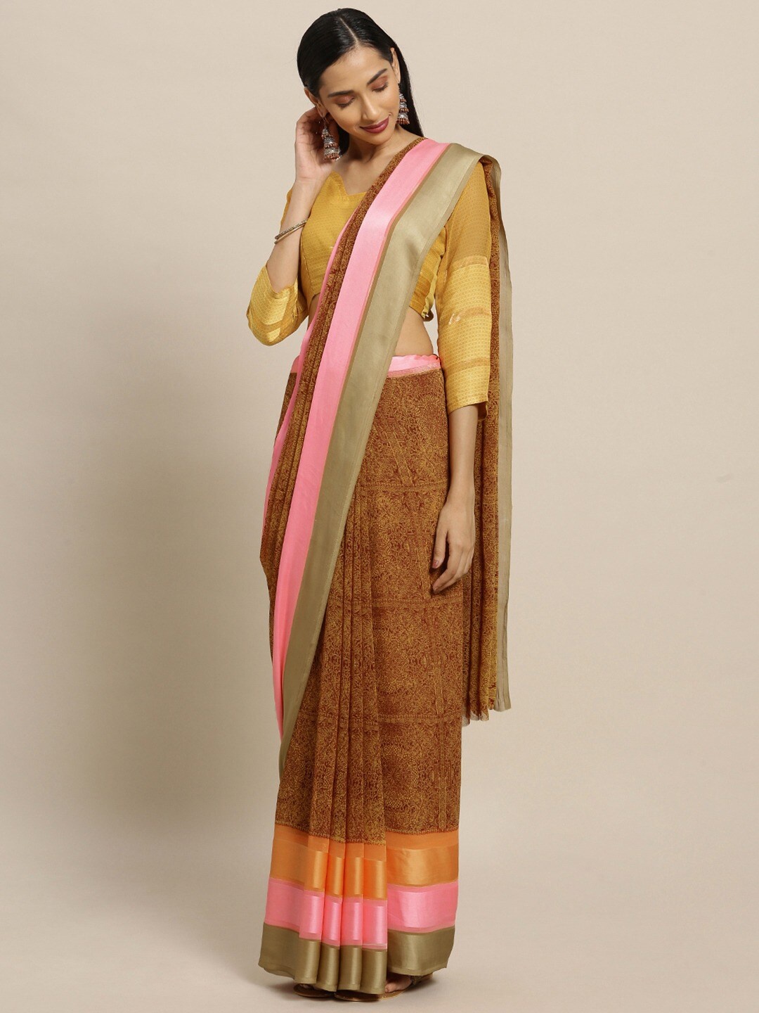 

KALINI Brown & Pink Ethnic Motifs Zari Satin Saree