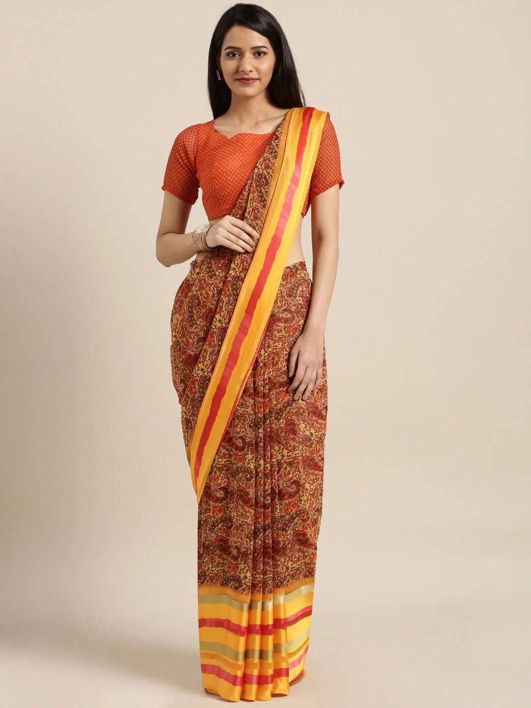

KALINI Yellow & Red Paisley Zari Satin Saree