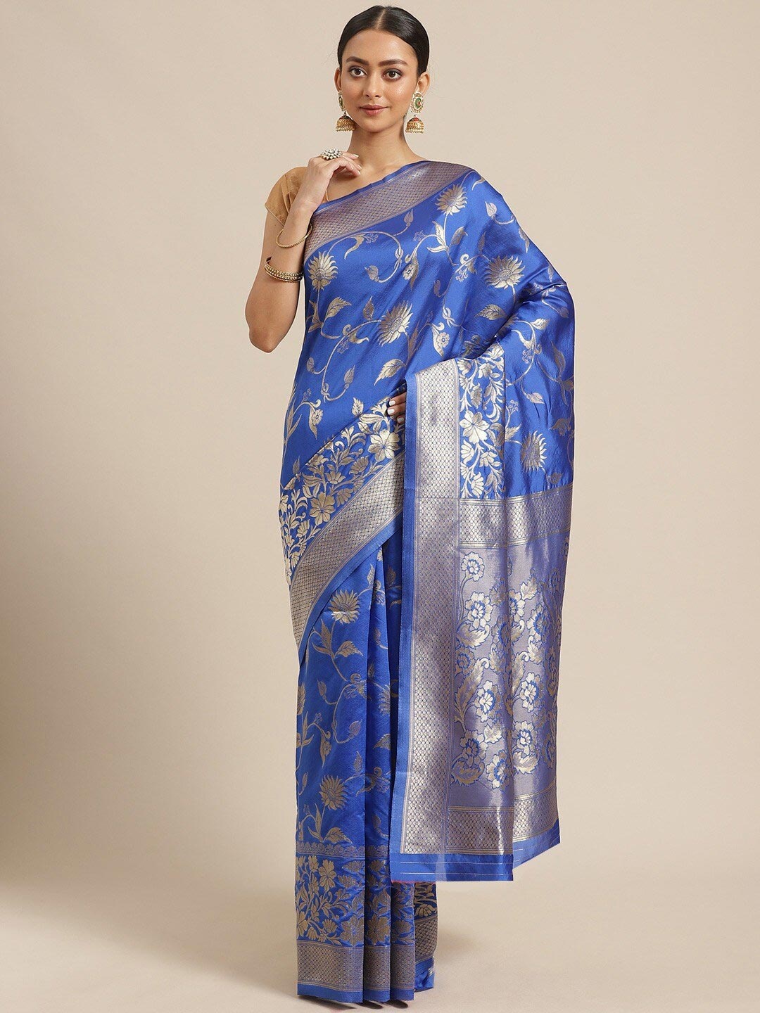 

KALINI Blue & Silver-Toned Ethnic Motifs Zari Silk Blend Saree