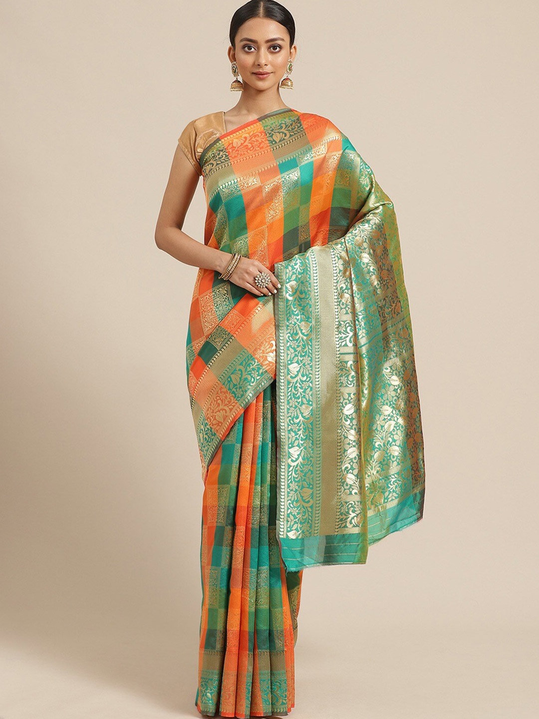 

KALINI Orange & Green Checked Zari Silk Blend Saree