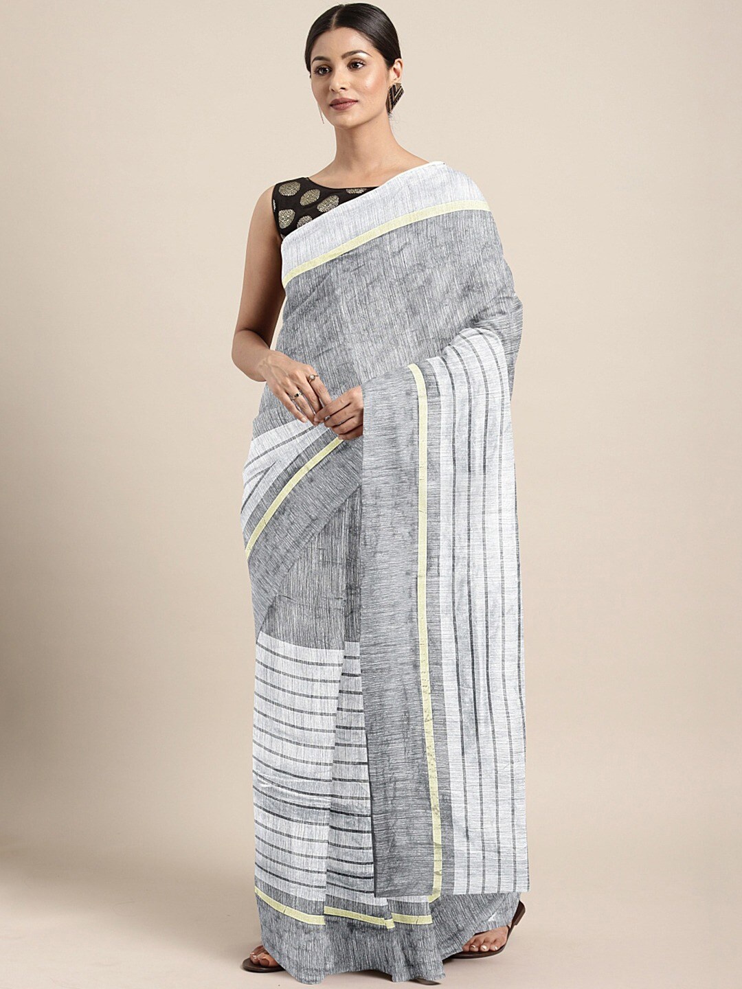 

KALINI Grey & White Striped Saree