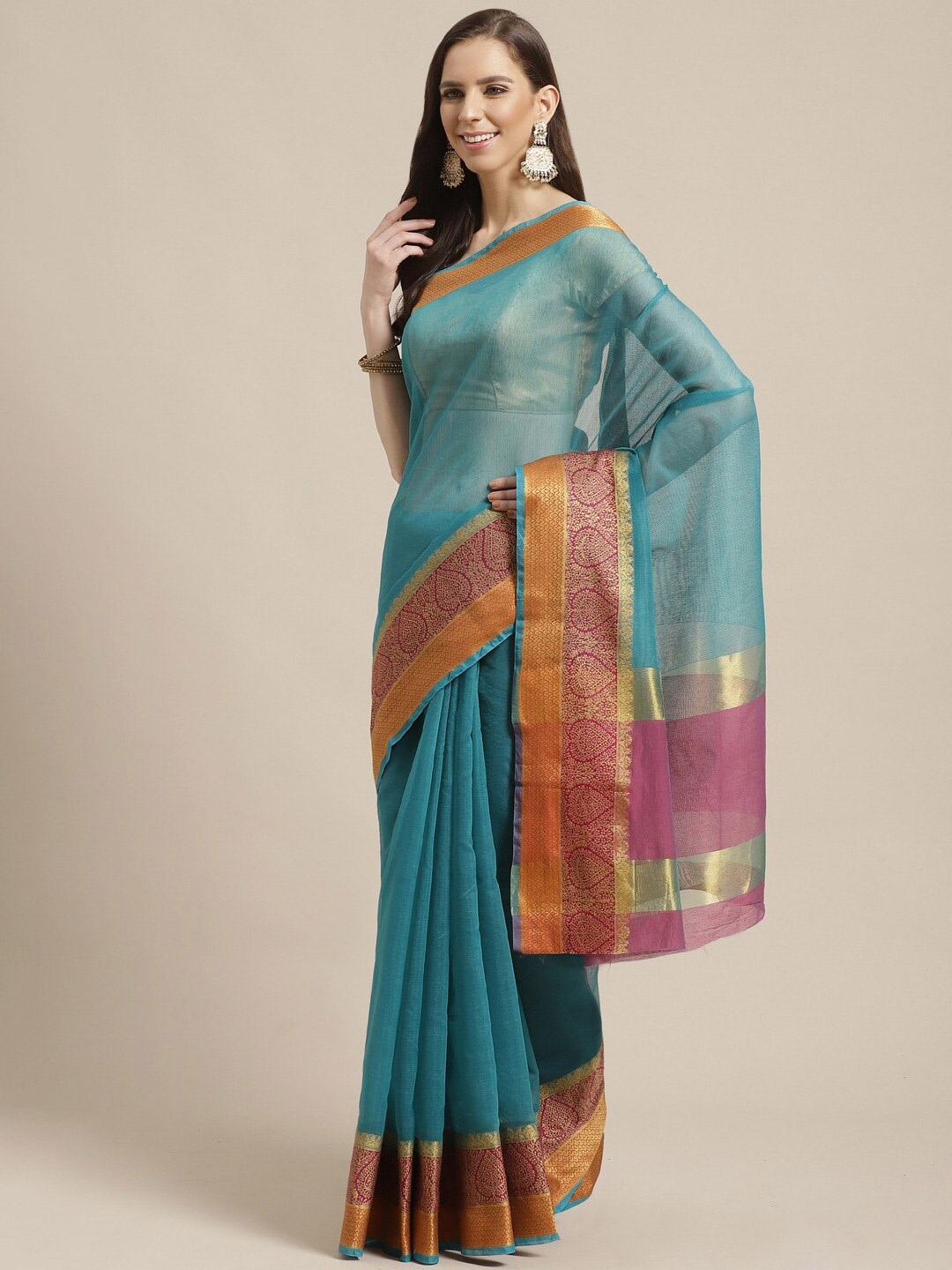 

KALINI Teal & Pink Zari Saree