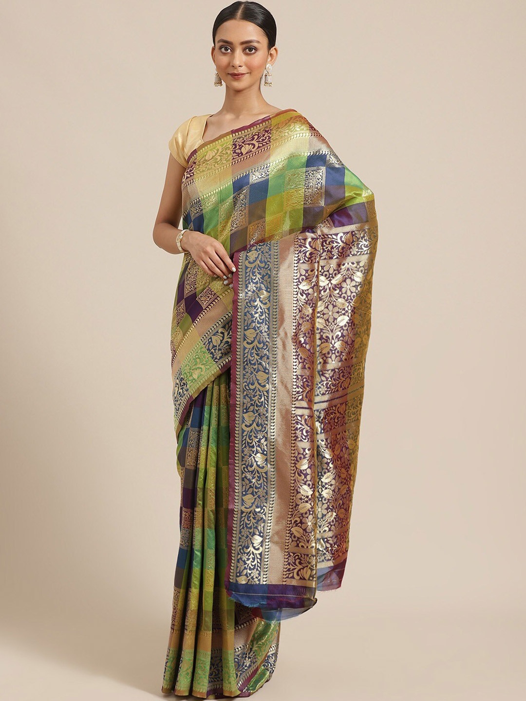 

KALINI Green & Brown Checked Zari Silk Blend Heavy Work Saree